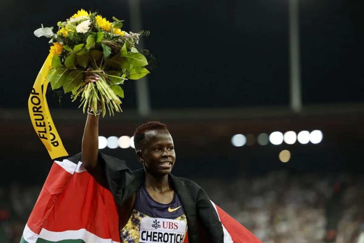 Kenya's Faith Cherotich celebrates after winning the women's 3000m steeplechase during the IAAF Diamond League athletics meeting, at the Letzigrund Stadium, in Zurich on August 27, 2026. Stefan Wermuth / AFP