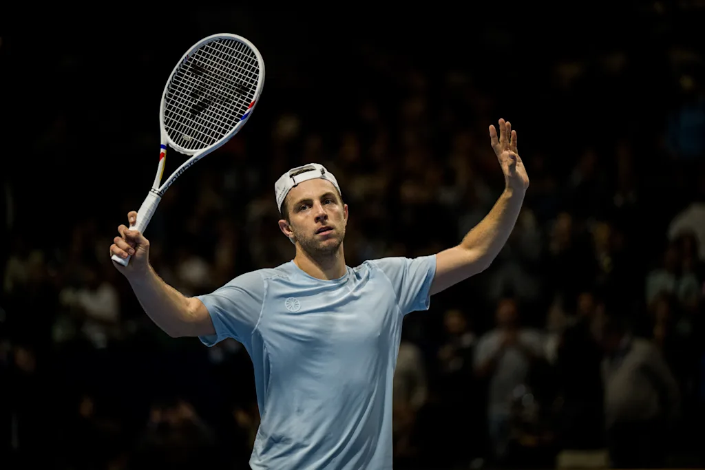 Tallon Griekspoor of the Netherlands celebrates after winning the European Open ATP tennis tournament in Brussels, on Friday 23 October 2026. This year's edition of the tournament is taking place from 17 to 25 October BELGA PHOTO JASPER JACOBS