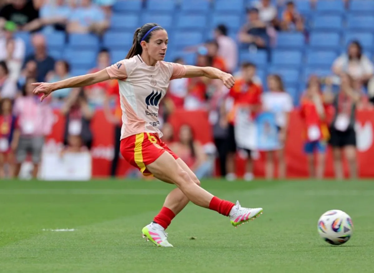 Spain's midfielder #06 Aitana Bonmati warms up the UEFA Women's Nations League Group A3 football match between Spain and England at the RCDE Stadium in Cornella de Llobregat, outside Barcelona, on June 3, 2025. LLUIS GENE / AFP