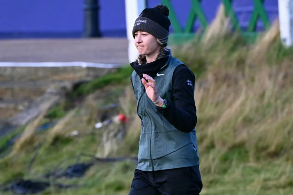 US' Nelly Korda reacts on the 18th green on day four of the 2024 Women's British Open Golf Championship, on the Old Course at St Andrews, in St Andrews, Scotland, on August 25, 2024.  ANDY BUCHANAN / AFP