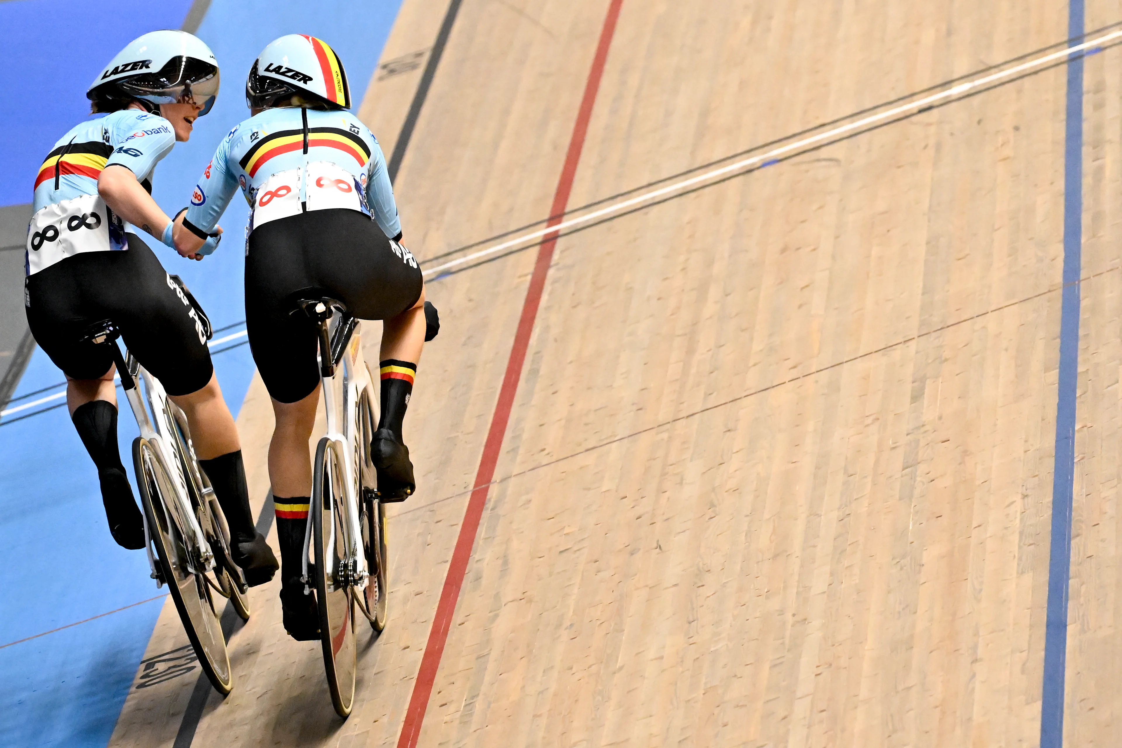 Belgian Katrijn De Clercq and Belgian Helene Hesters pictured in action during the women's Madison final at the 2025 UEC Track Elite European Championships, in Heusden-Zolder, Belgium, Sunday 16 February 2025. The European Championships take place from 12 to 16 February. BELGA PHOTO DIRK WAEM