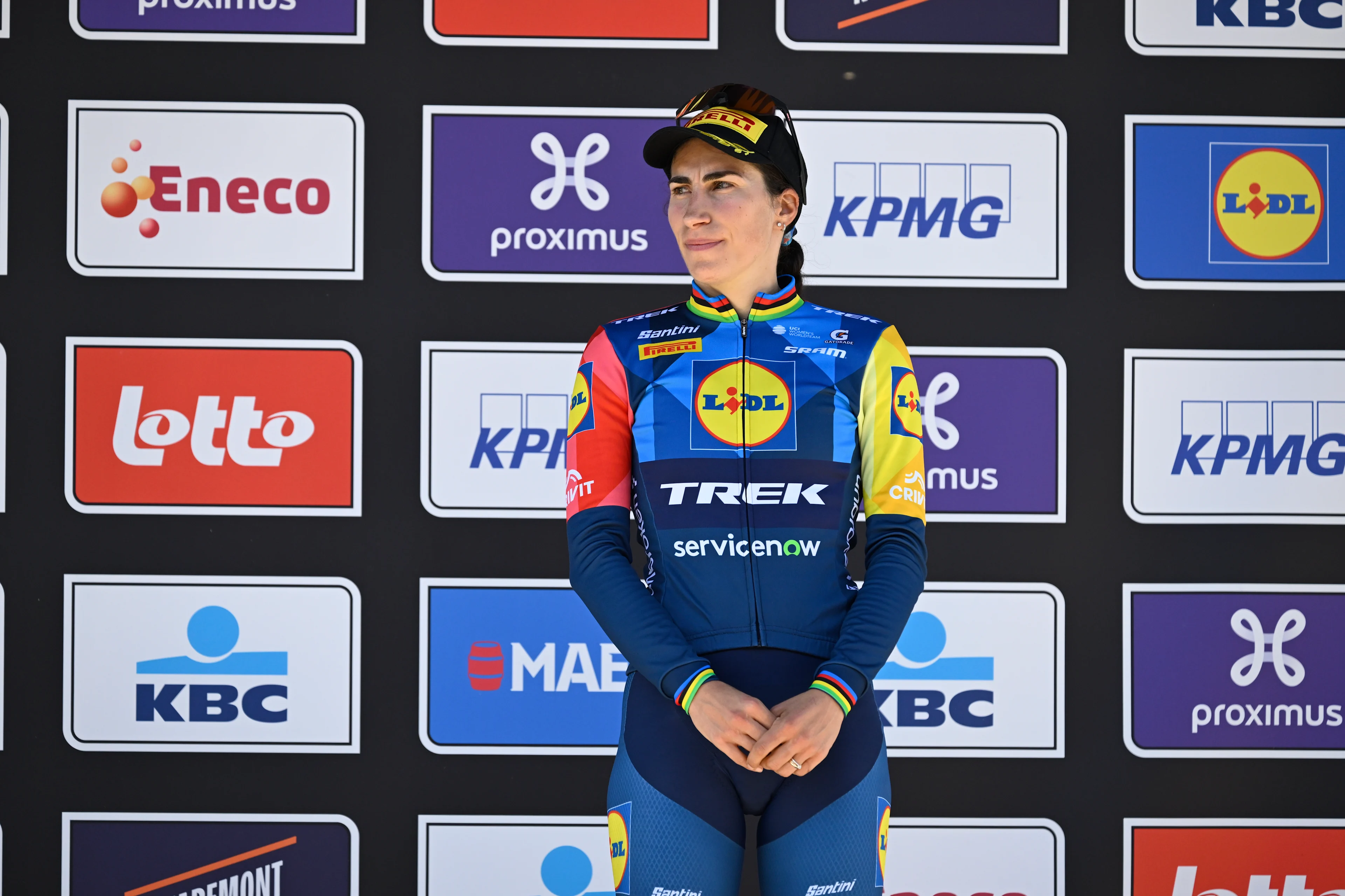 Italian Elisa Balsamo of Lidl-Trek pictured on the podium of the women's race of the 'Scheldeprijs' one day cycling event, 130,3km from and to Schoten on Wednesday 08 April 2026. BELGA PHOTO TOM GOYVAERTS