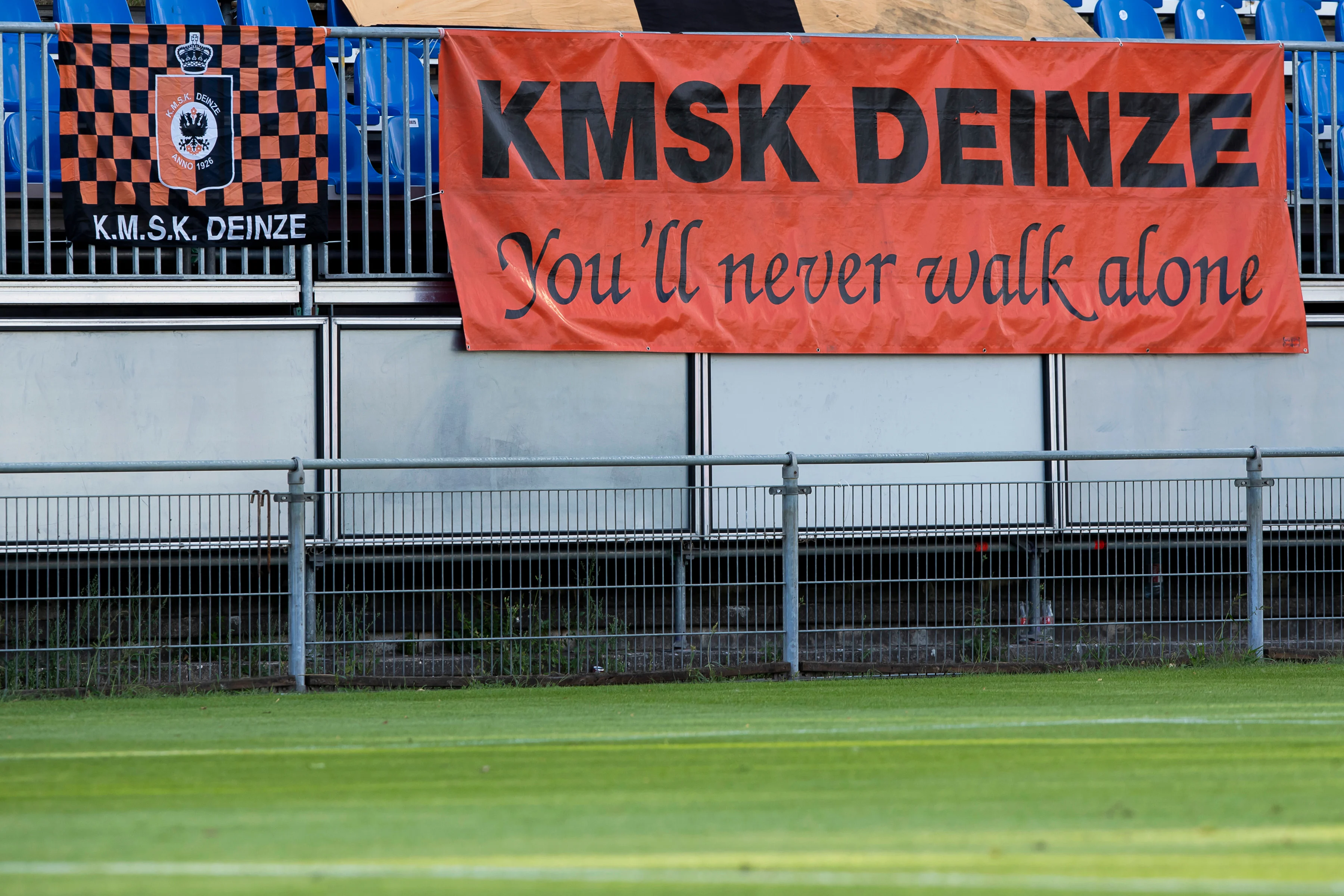 Illustration picture shows a banner of Deinze supporters during a soccer match between KMSK Deinze and Royale Union Saint-Gilloise, Friday 21 August 2020 in Deinze, on day 1 of the 'Proximus League' 1B second division of the Belgian soccer championship. BELGA PHOTO KRISTOF VAN ACCOM