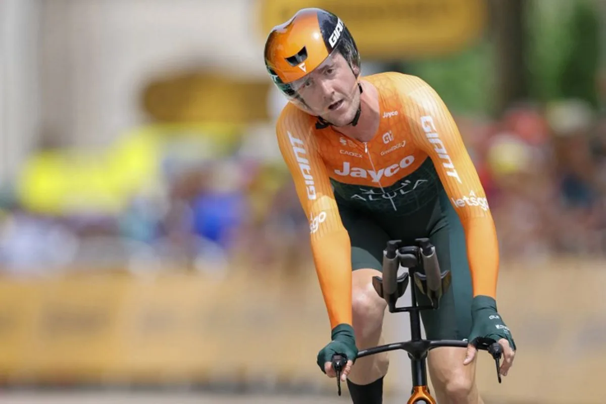 Team Jayco AlUla team's Australian rider Luke Durbridge cycles to the finish line of the 7th stage of the 111th edition of the Tour de France cycling race, 25,3 km individual time trial between Nuits-Saint-Georges and Gevrey-Chambertin, on July 5, 2024.  Thomas SAMSON / AFP