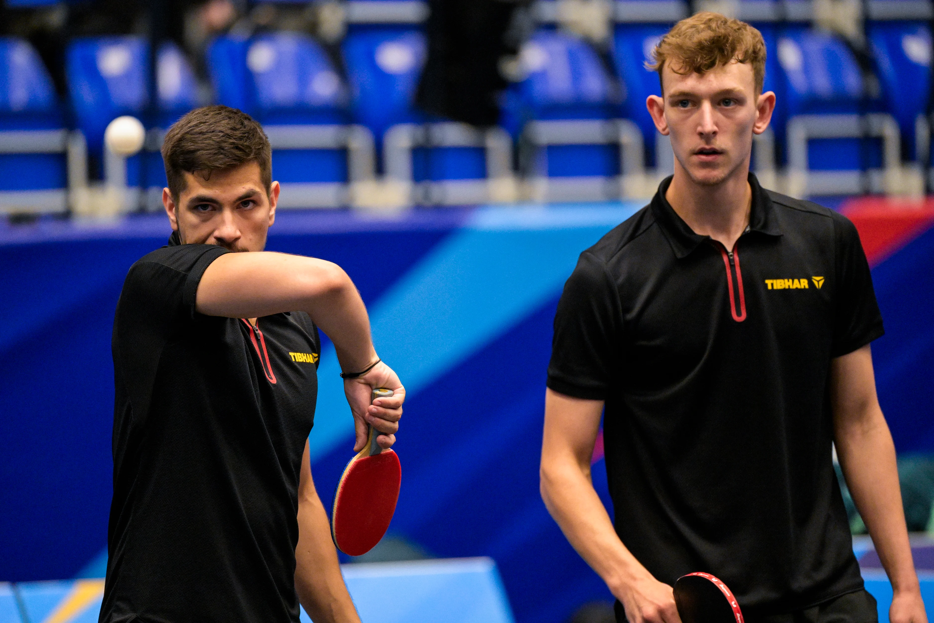 Table Tennis player Martin Allegro and Table Tennis player Adrien Rassenfosse react during a match in the Men's Team Quarterfinal between Belgium and Germany, in the Table Tennis competition at the European Games in Krakow, Poland on Thursday 29 June 2023. The 3rd European Games, informally known as Krakow-Malopolska 2023, is a scheduled international sporting event that will be held from 21 June to 02 July 2023 in Krakow and Malopolska, Poland. BELGA PHOTO LAURIE DIEFFEMBACQ