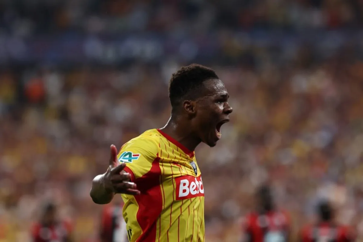Lens' Malian midfielder #08 Mamadou Sangare reacts during the French Cup final football match between RC Lens and OGC Nice at the Stade de France stadium, in Saint-Denis, on the outskirts of Paris, on May 22, 2026. FRANCK FIFE / AFP