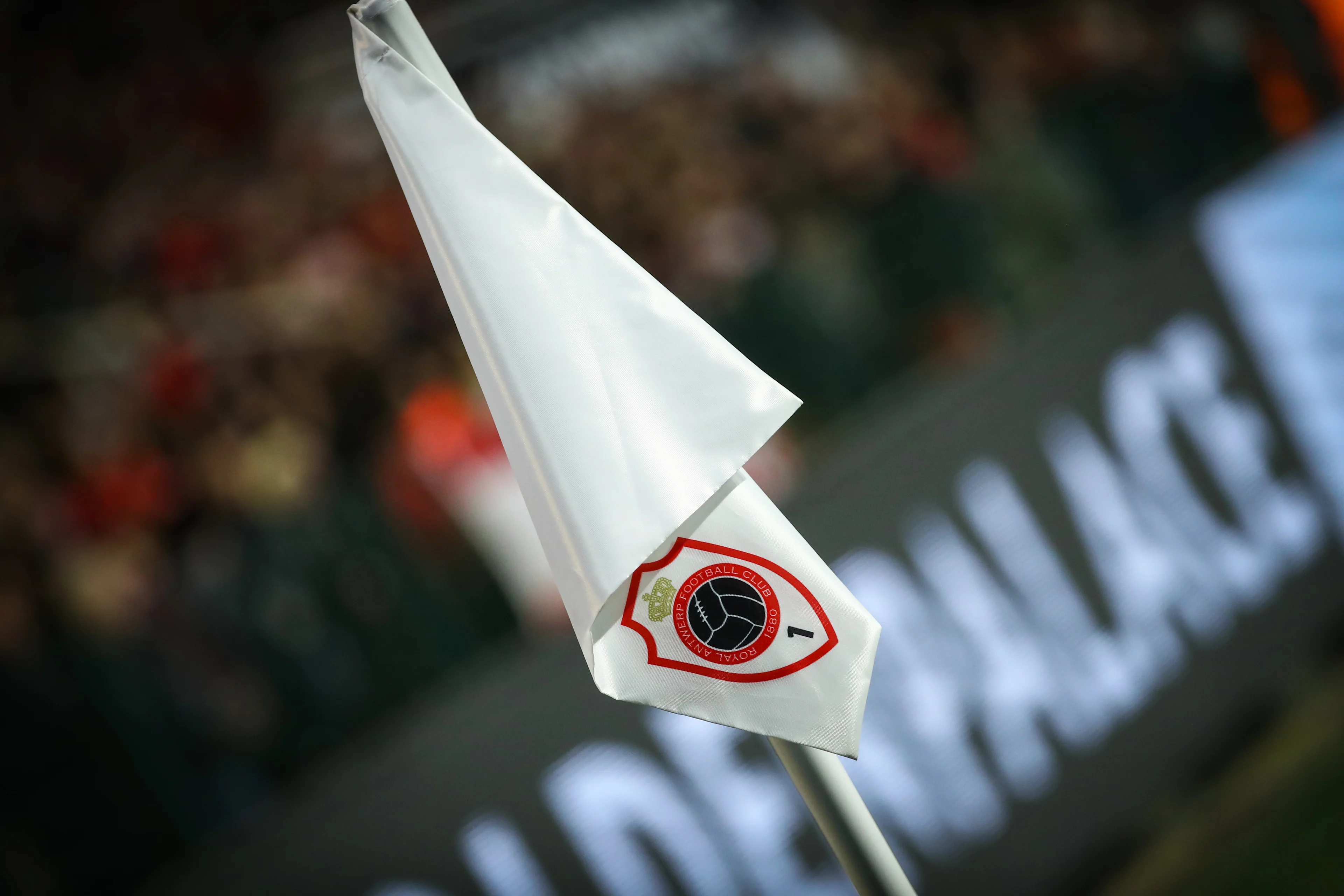 Illustration picture shows a corner flag with Antwerp club logo pictured during a soccer match between Royal Antwerp FC and KV Kortrijk, Saturday 26 October 2019 in Antwerp, on day twelve of the 'Jupiler Pro League' Belgian soccer championship season 2019-2020. BELGA PHOTO DAVID PINTENS