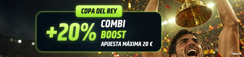 Copa del Rey: apuesta combinada de 3 o más equipos con una cuota de 4,00 o superior; un 20 % adicional sobre las ganancias netas