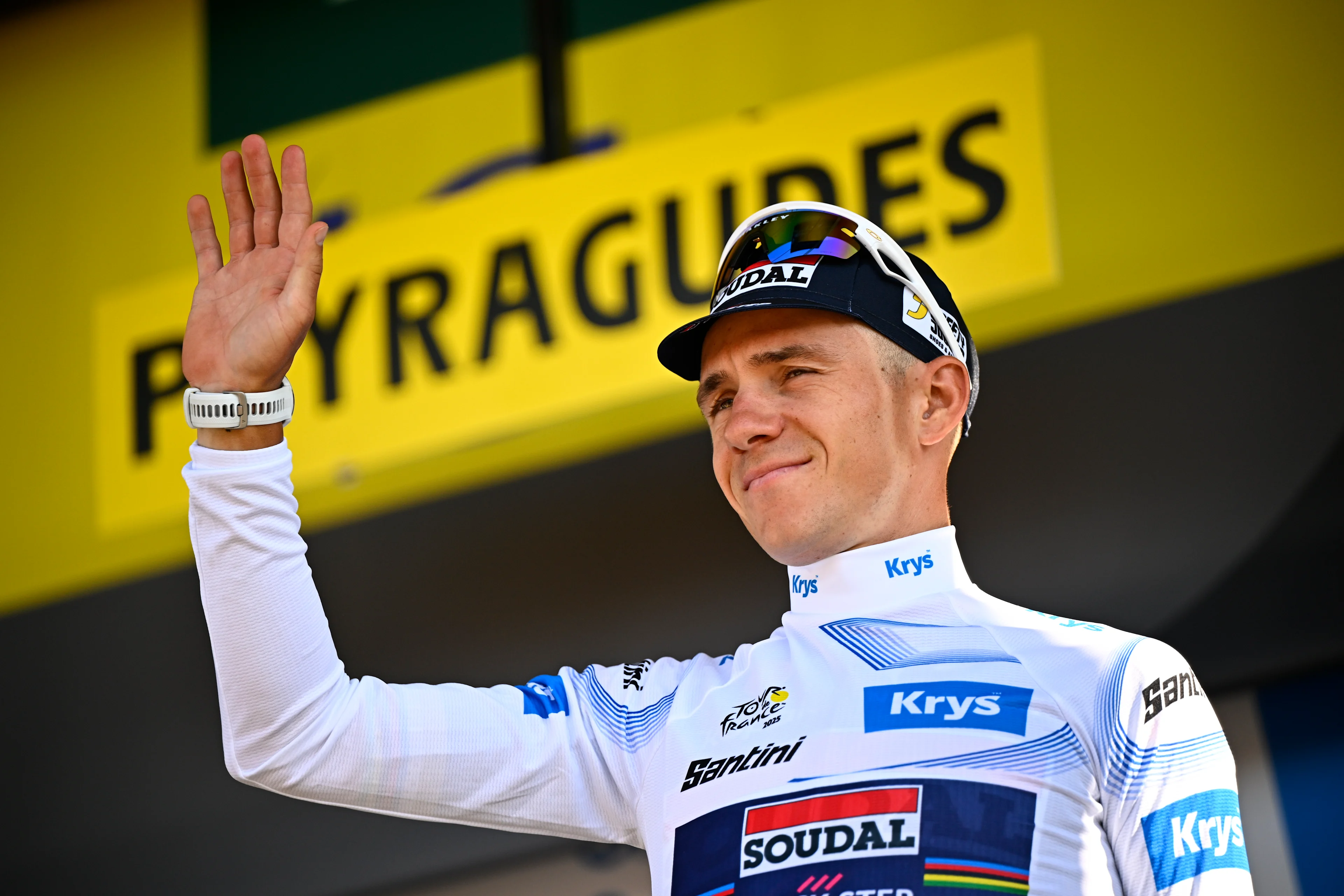 Belgian Remco Evenepoel of Soudal Quick-Step celebrates on the podium in the white jersey for best young rider after stage 13 of the 2025 Tour de France cycling race, an 11km individual time trial from Loudenvielle to Peyragudes, on Friday 18 July 2025 in France. The 112th edition of the Tour de France starts on Saturday 5 July in Lille, France, and will finish in Paris, France on the 27th of July. BELGA PHOTO JASPER JACOBS