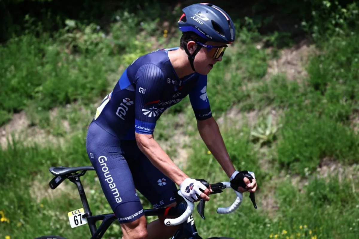 Groupama-FDJ's New Zealand rider Reuben Thompson rides during the second stage of the 75th edition of the Criterium du Dauphine cycling race, 167,3 kms betwenn Brassac-les-Mines and La Chaise-Dieu, central France, on June 5, 2023.  Anne-Christine POUJOULAT / AFP