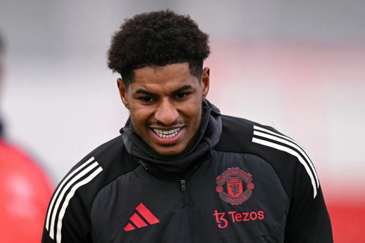 Manchester United's English striker #10 Marcus Rashford takes part in a training session at the Carrington Training Complex in Manchester, north-west England on January 22, 2025 on the eve of their UEFA Europa League football match against Glasgow Rangers.  Oli SCARFF / AFP