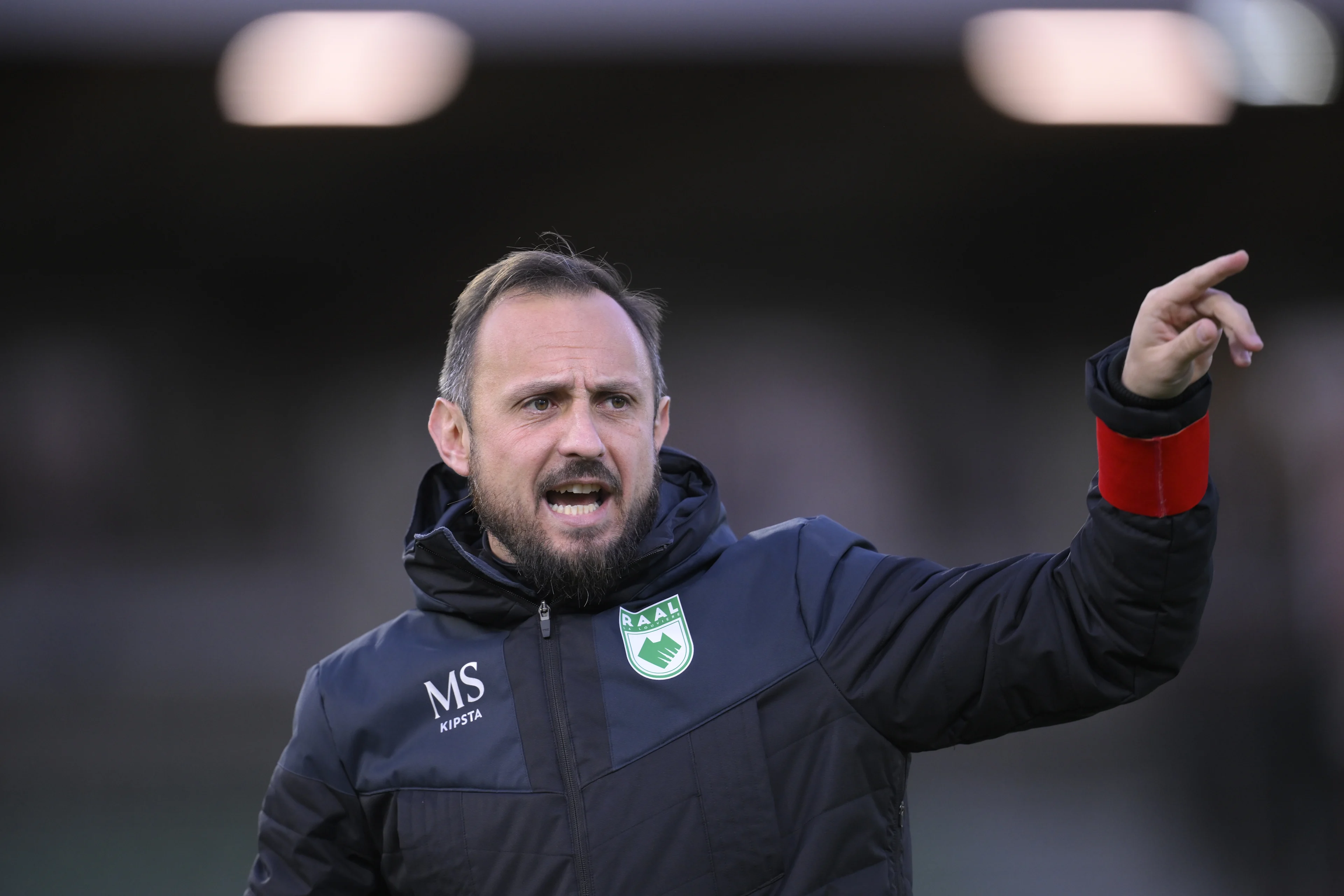 RAAL assistant coach Mickael Seoudi reacts during a soccer match between RAAL La Louviere and RAAL La Louviere, Sunday 24 November 2024 in La Louviere, on day 12 of the 2024-2025 'Challenger Pro League' 1B second division of the Belgian championship. BELGA PHOTO JOHN THYS