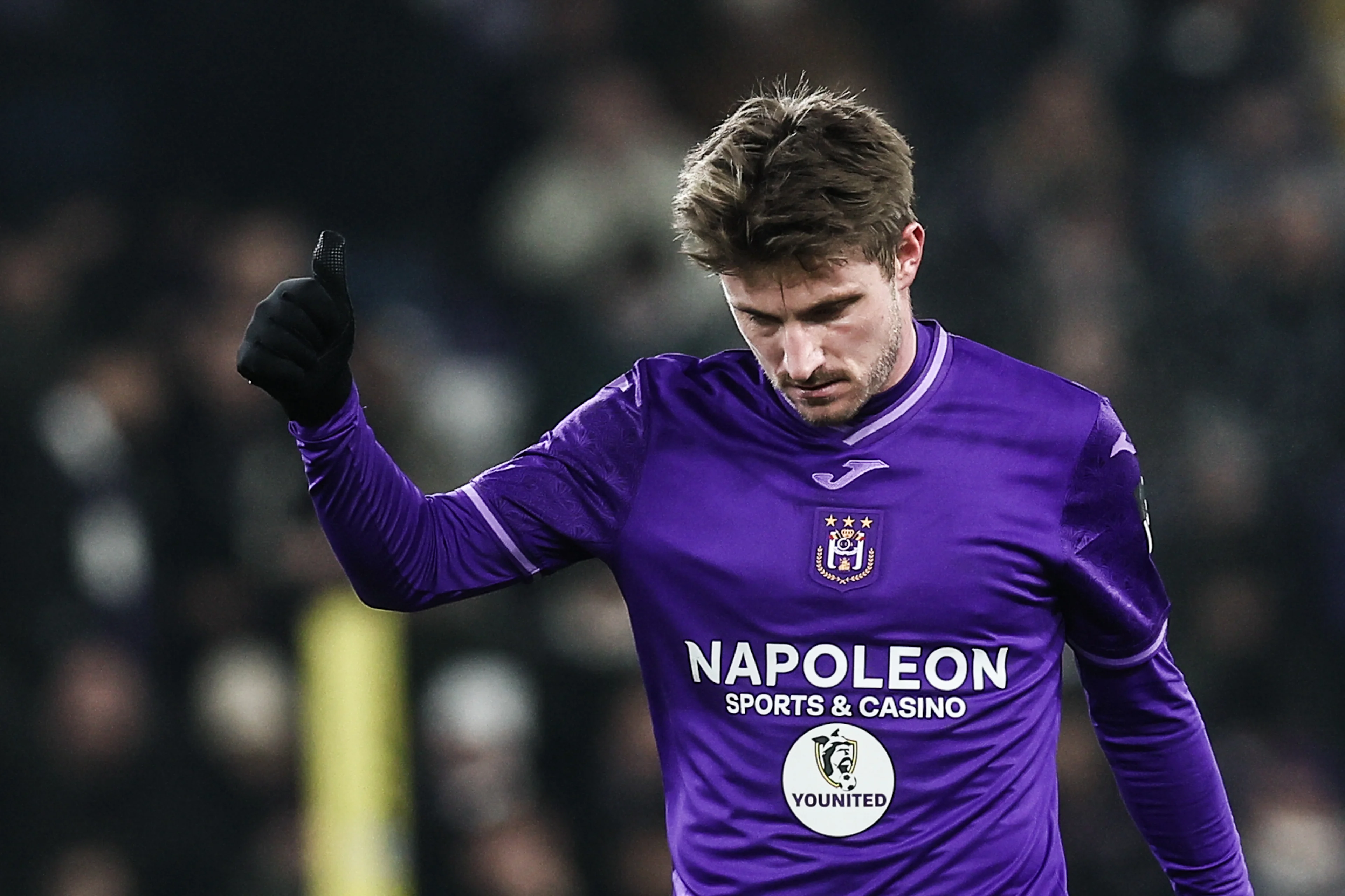 Anderlecht's Anders Dreyer celebrates after scoring during a soccer match between RSC Anderlecht and FCV Dender EH, Friday 27 December 2024 in Brussels, a game of day 20 of the 2024-2025 season of the 'Jupiler Pro League' first division of the Belgian championship. The competition was re-branded as the 'Younited Pro League' for the games of matchweek 20, to shine a light on the Younited Belgium charity. BELGA PHOTO BRUNO FAHY