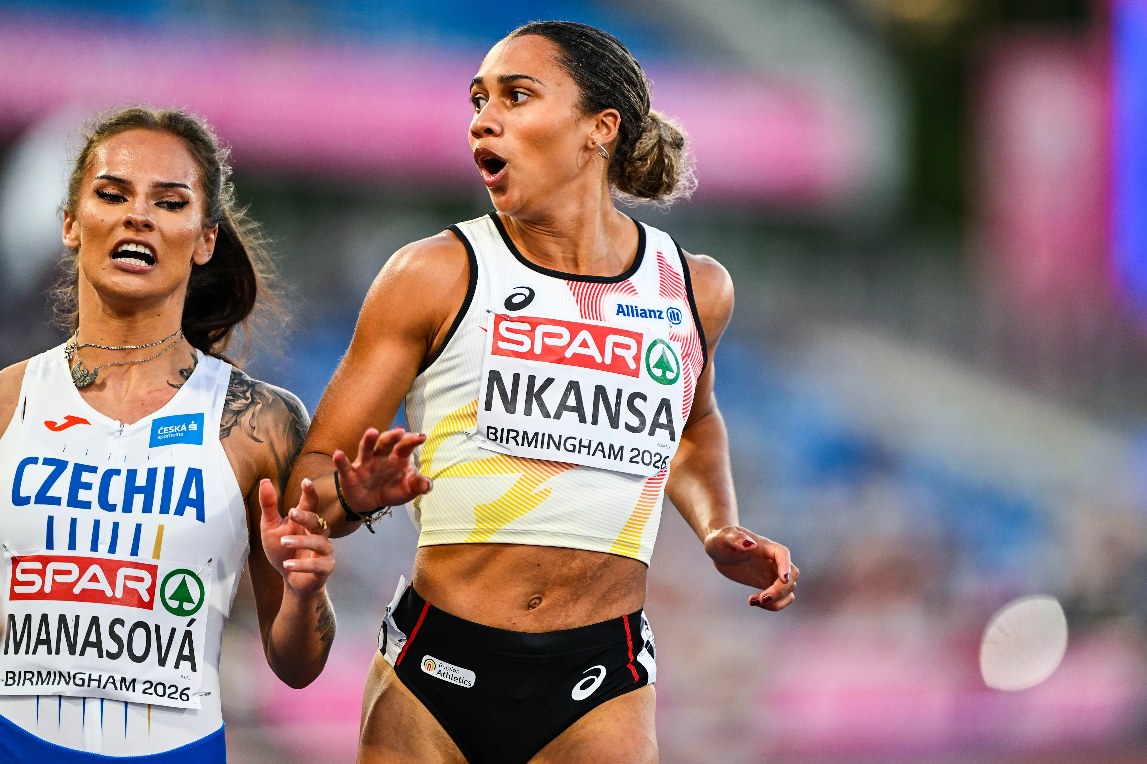 Belgian Delphine Nkansa reacts as she finishes second and qualify for the final during the semi-finals of the women's 100m race at the European Athletics Championships (August 10-18) in Birmingham, United Kingdom, on Monday 10 August 2026. BELGA PHOTO ERIC LALMAND