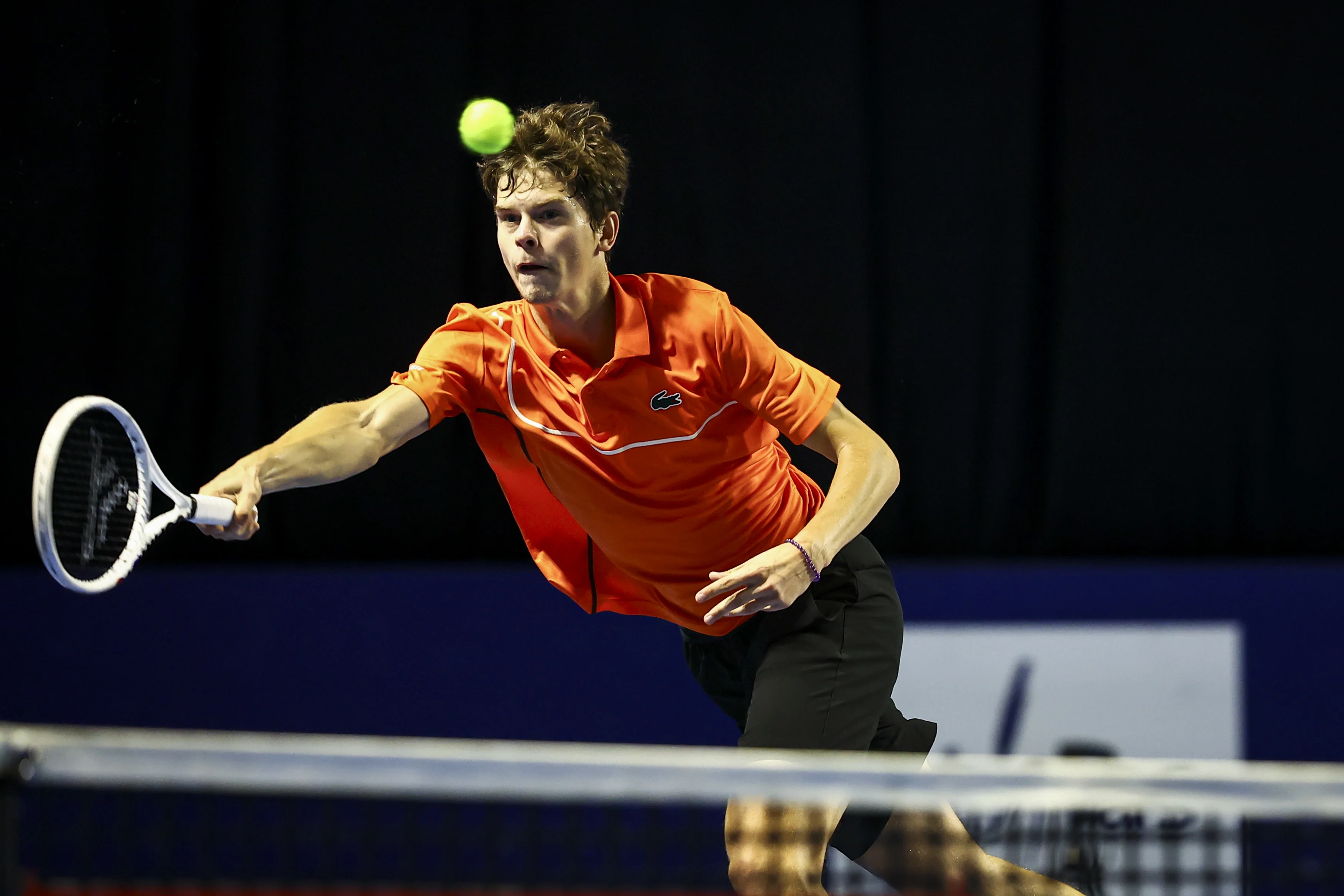 Belgian Alexander Blockx and Belgian Raphael Collignon pictured in action during a tennis match in the round of 16 of the doubles competition at the ATP European Open Tennis tournament in Antwerp, Wednesday 16 October 2024. BELGA PHOTO DAVID PINTENS