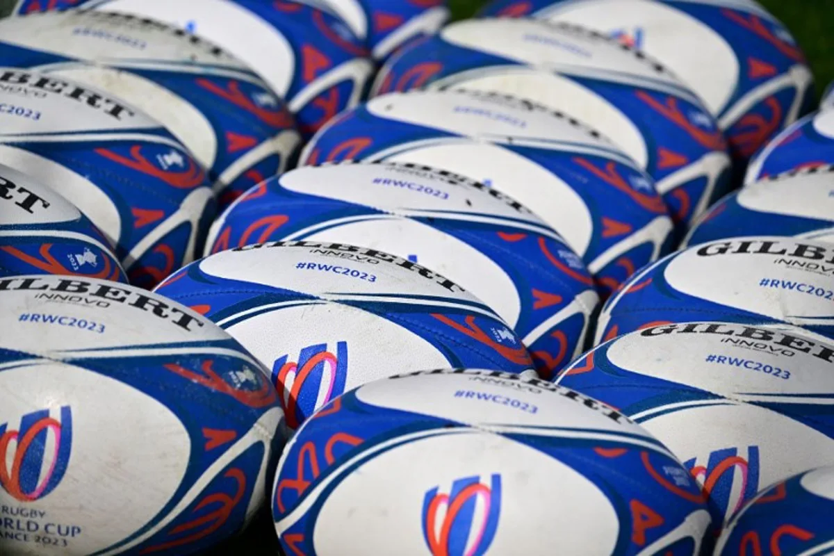 England's balls are photographed before the captain's run training session at the INSEP, the National Institute of Sport, Expertise and Performancen, in the Bois de Vincennes, eastern Paris, on October 17, 2023, on the eve of their semi final match against South-Africa during the France 2023 Rugby World Cup.   MIGUEL MEDINA / AFP