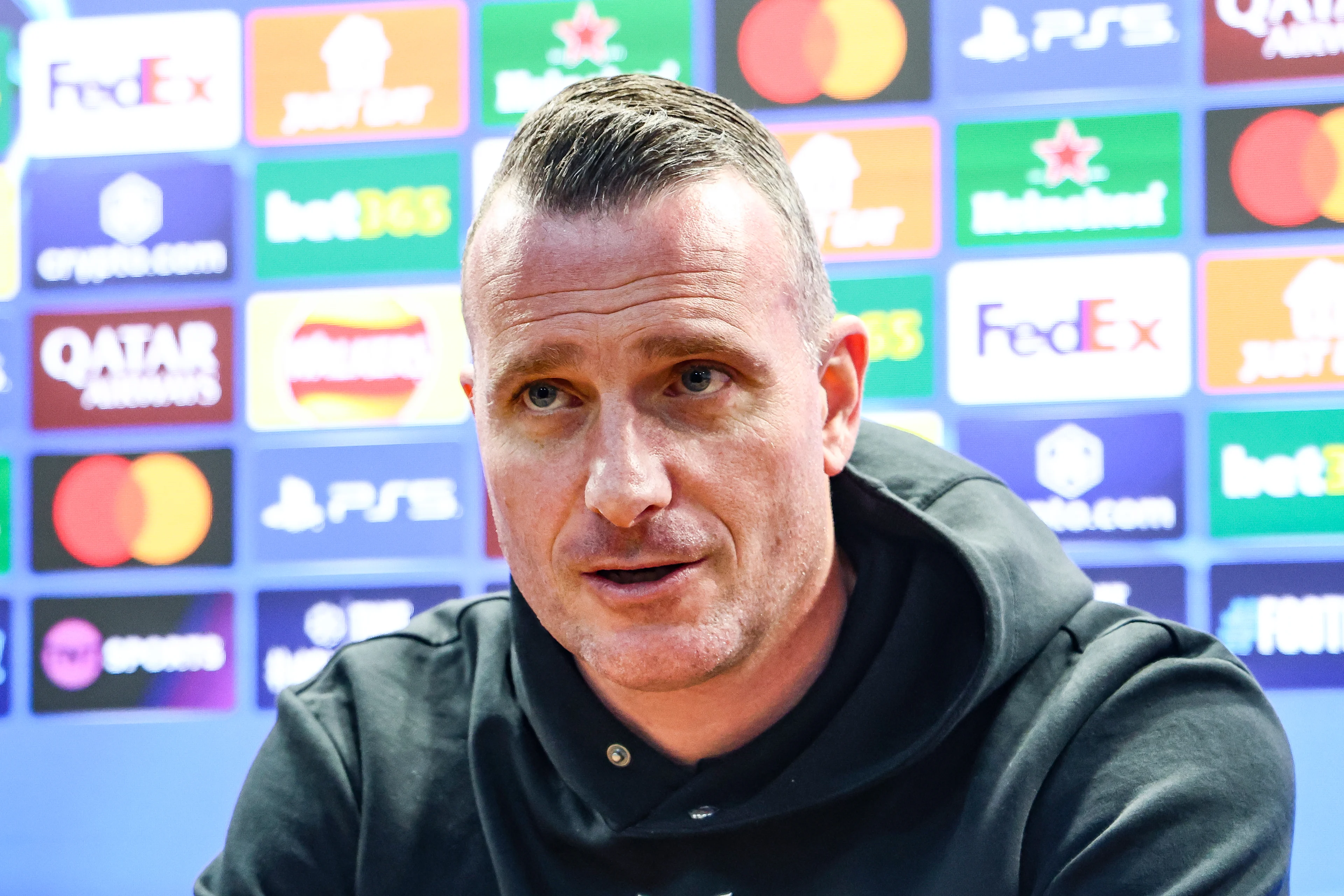 Club's head coach Nicky Hayen pictured during a press conference of Belgian soccer Club Brugge KV, Tuesday 11 March 2025 in Birmingham, United Kingdom. Tomorrow, they will play against English club Aston Villa, on the second leg of the 1/8 finals of the UEFA Champions League knockout phase. BELGA PHOTO BRUNO FAHY BELGA PHOTO BRUNO FAHY