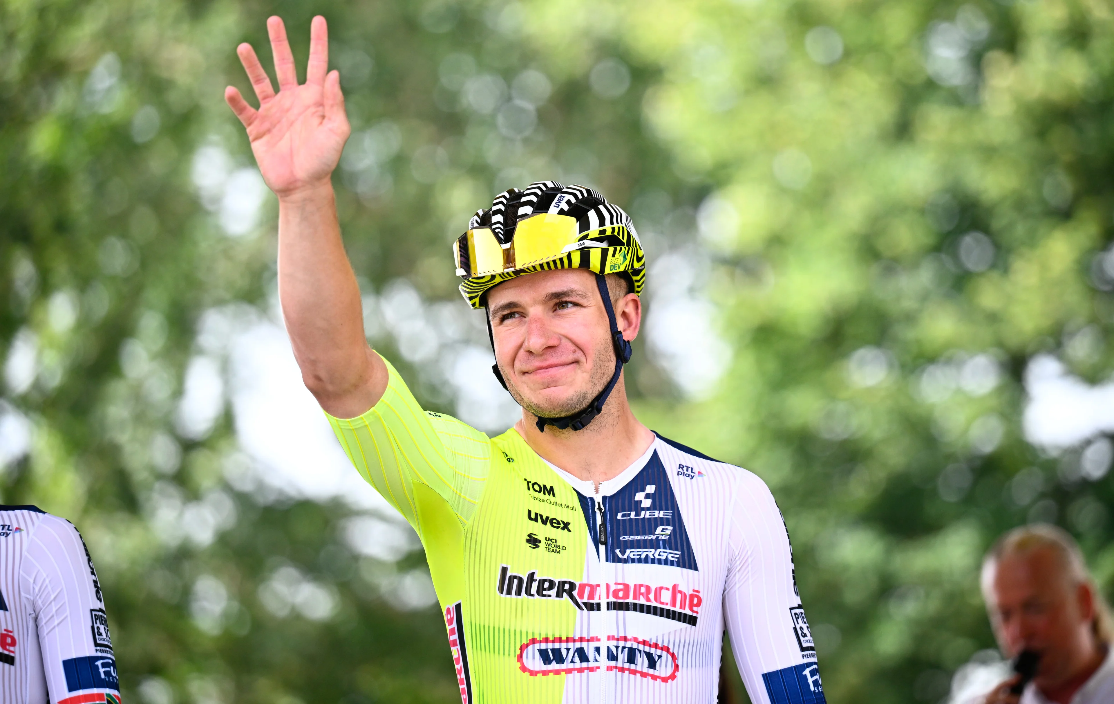 Belgian Gerben Thijssen of Intermarche-Wanty pictured at the podium moment ahead of the start of stage 1 of the 2024 Tour de France cycling race, from Florence, Italy to Rimini, Italy (206 km) on Saturday 29 June 2024. The 111th edition of the Tour de France starts on Saturday 29 June and will finish in Nice, France on 21 July. BELGA PHOTO JASPER JACOBS