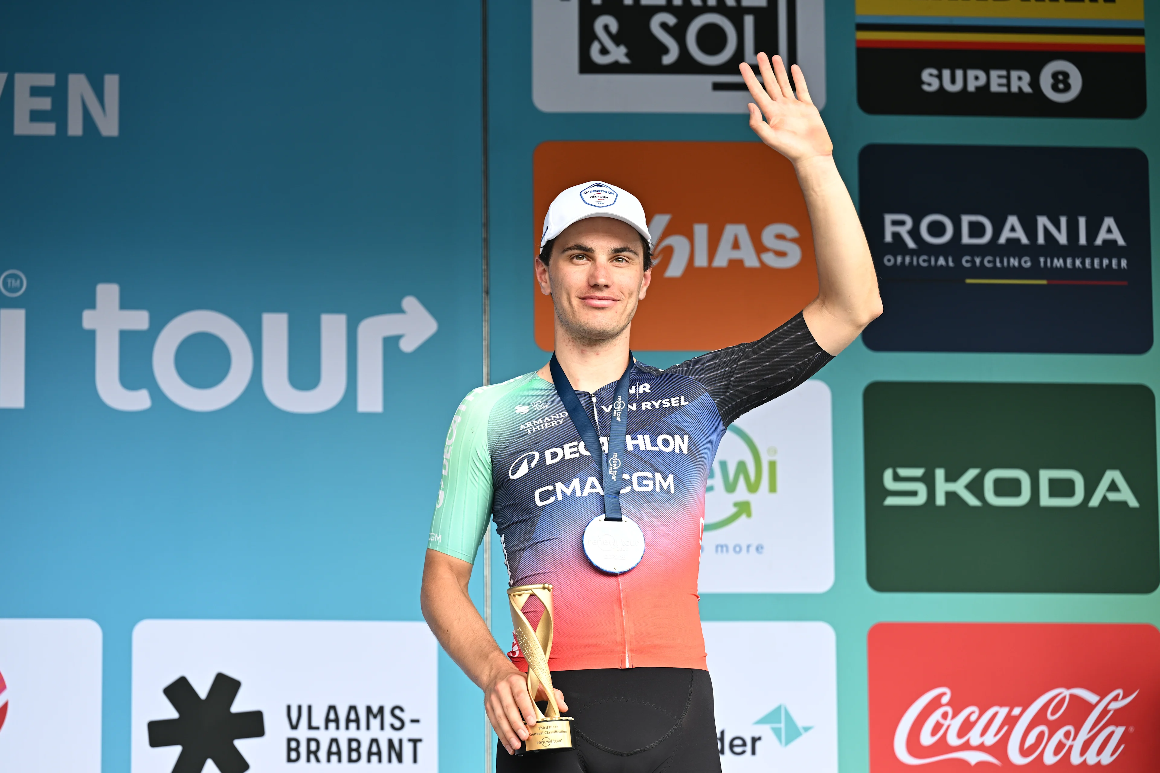 Belgian Arnaud De Lie pictured on the podium after the fifth and last stage of the 'Renewi Tour' multi-stage cycling race, from and to Leuven (183,7 km) on Sunday 23 August 2026. The five-day race takes place from 19 to 23/08. BELGA PHOTO DAVID PINTENS