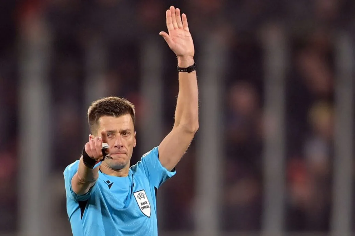 French referee Benoit Bastien is pictured during the UEFA Champions League, league phase football match between Girona FC and Liverpool FC at the Montilivi stadium in Girona on December 10, 2024.   MANAURE QUINTERO / AFP