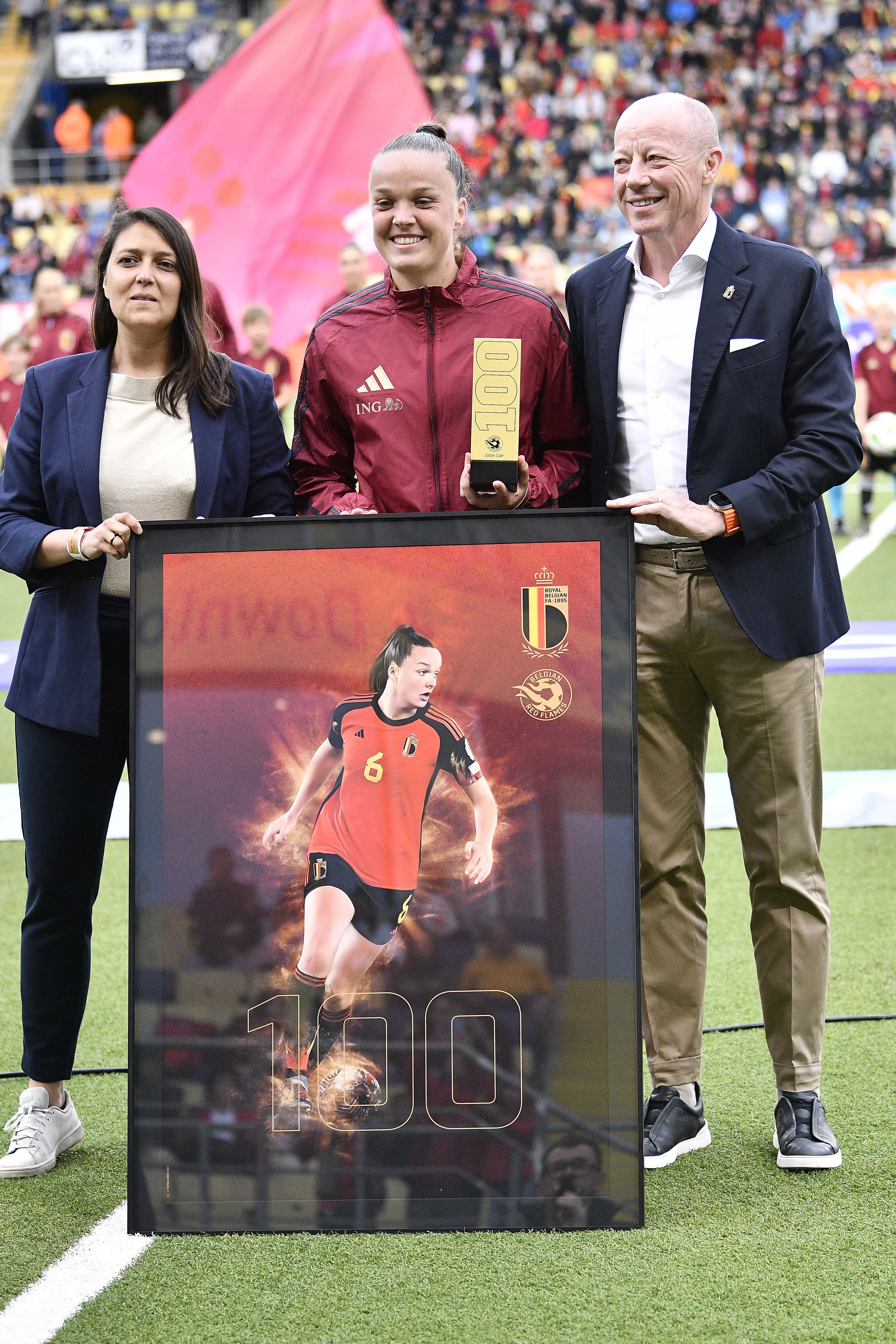 Belgium's Tine De Caigny pictured before a soccer game between Belgium's national women's team the Red Flames and Denmark, on Friday 12 July 2024 in Heverlee, Leuven, match 5/6 of the qualifications of the 2025 European Championships. BELGA PHOTO JOHAN EYCKENS