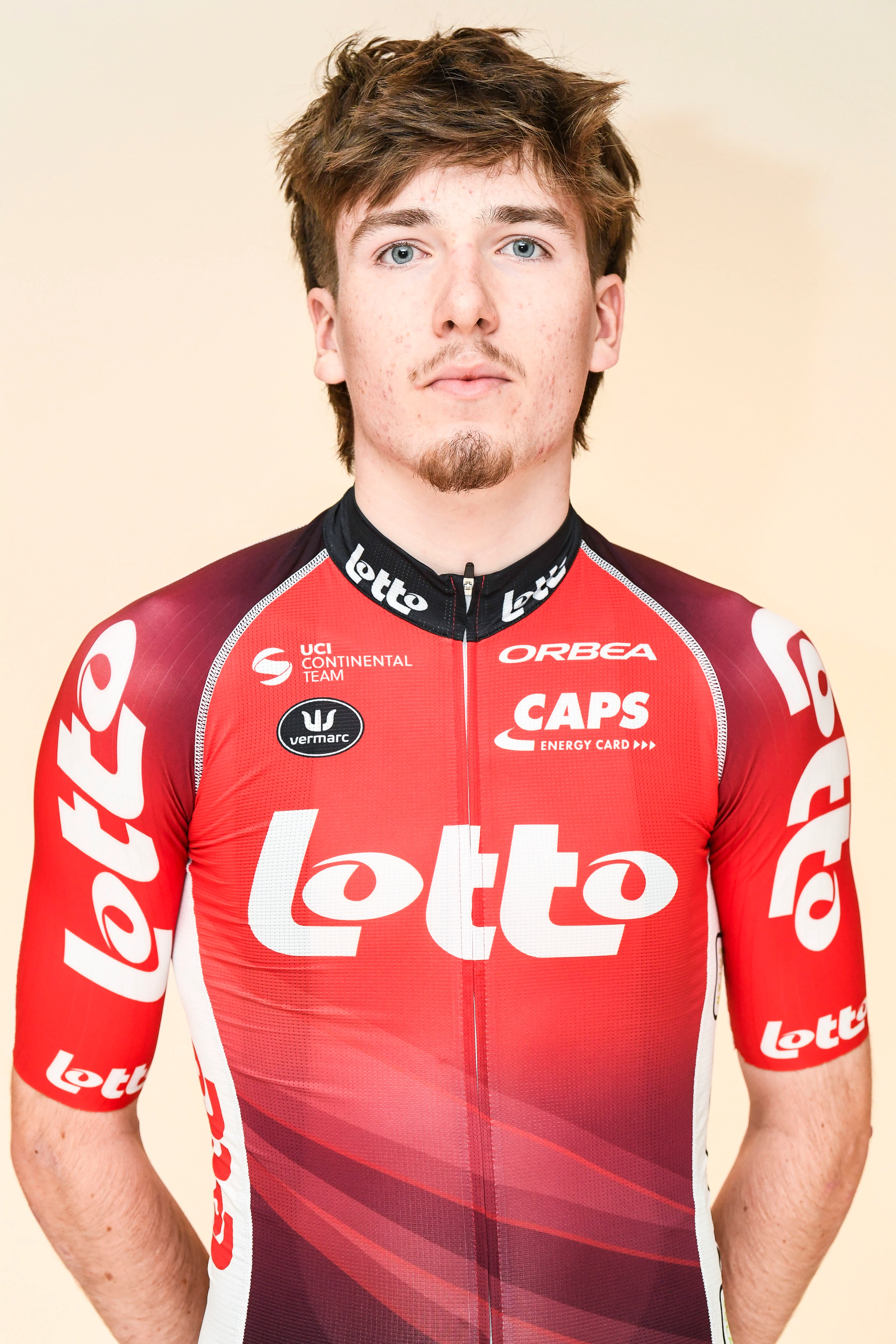 Belgian Kamiel Eeman of Lotto Cycling Team poses for the photographer during the Lotto Cycling Team media day, in Temse, Friday 03 January 2025. BELGA PHOTO GOYVAERTS
