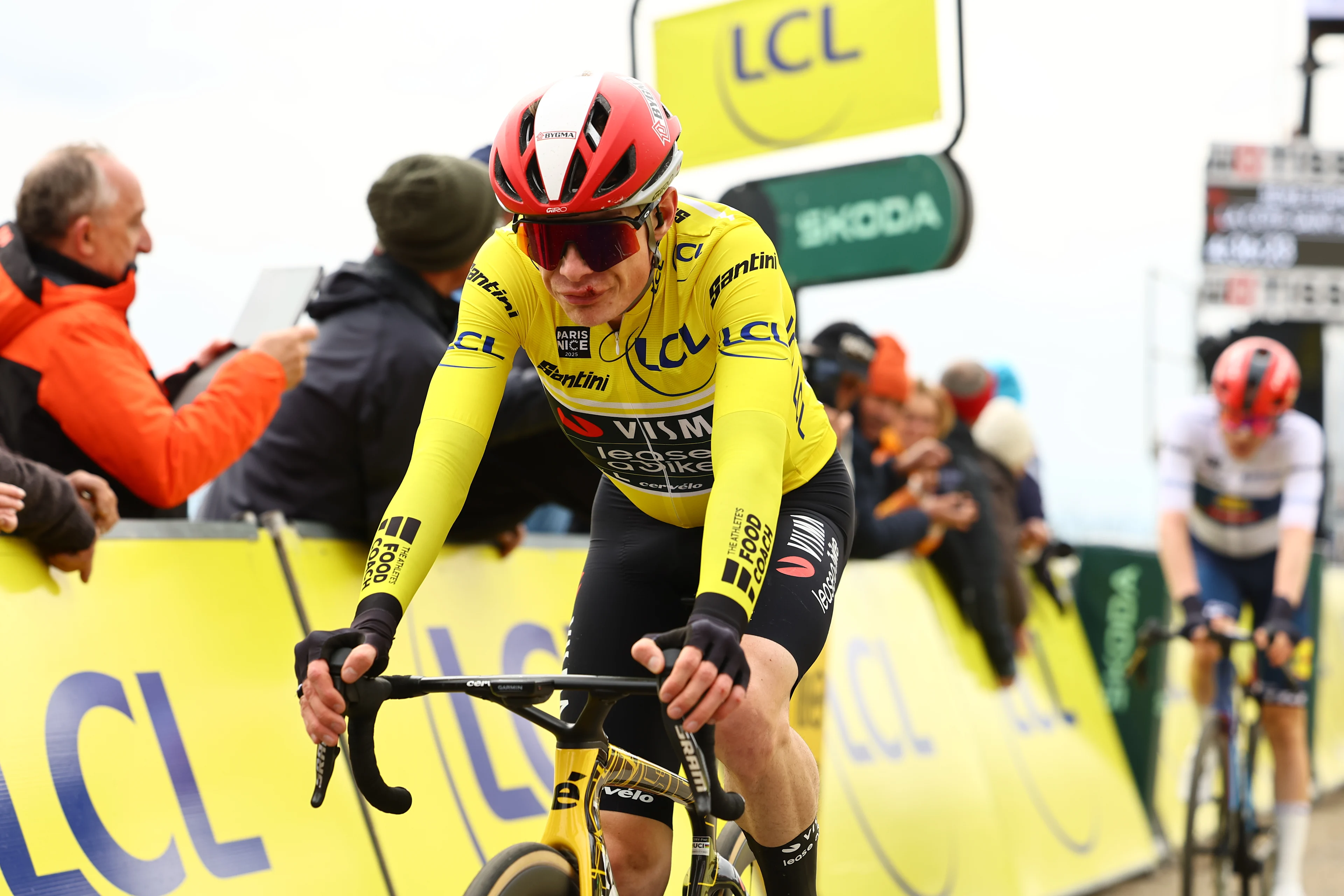 Danish Jonas Vingegaard Hansen of Team Visma-Lease a Bike crosses the finish line of stage six of the 83th edition of the Paris-Nice cycling race, 209,8 km from Saint-Julien-en-Saint-Alban to Berre l'Etang, France, Friday 14 March 2025. BELGA PHOTO DAVID PINTENS