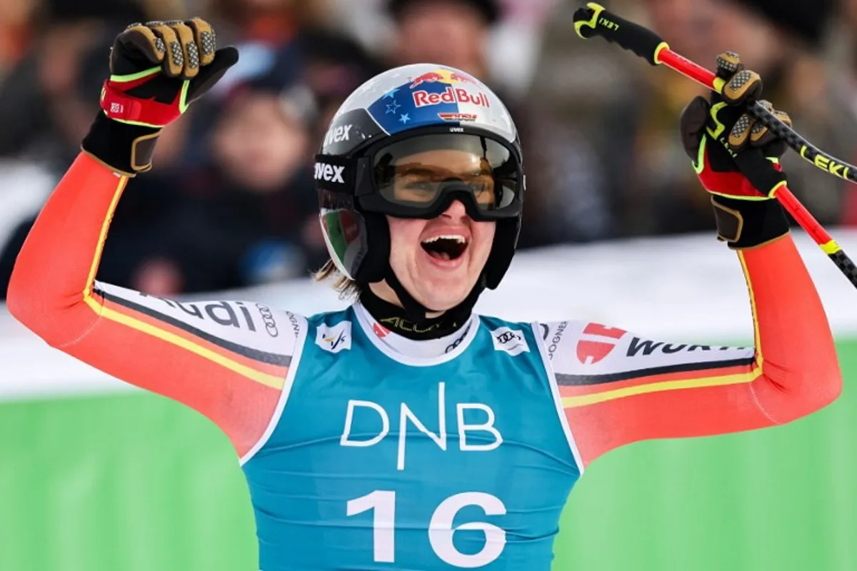 Germany's Emma Aicher reacts after her run in the Women's Downhill event at the FIS Ski World Cup in Kvitfjell, Norway on March 1, 2025.  Geir Olsen / NTB / AFP