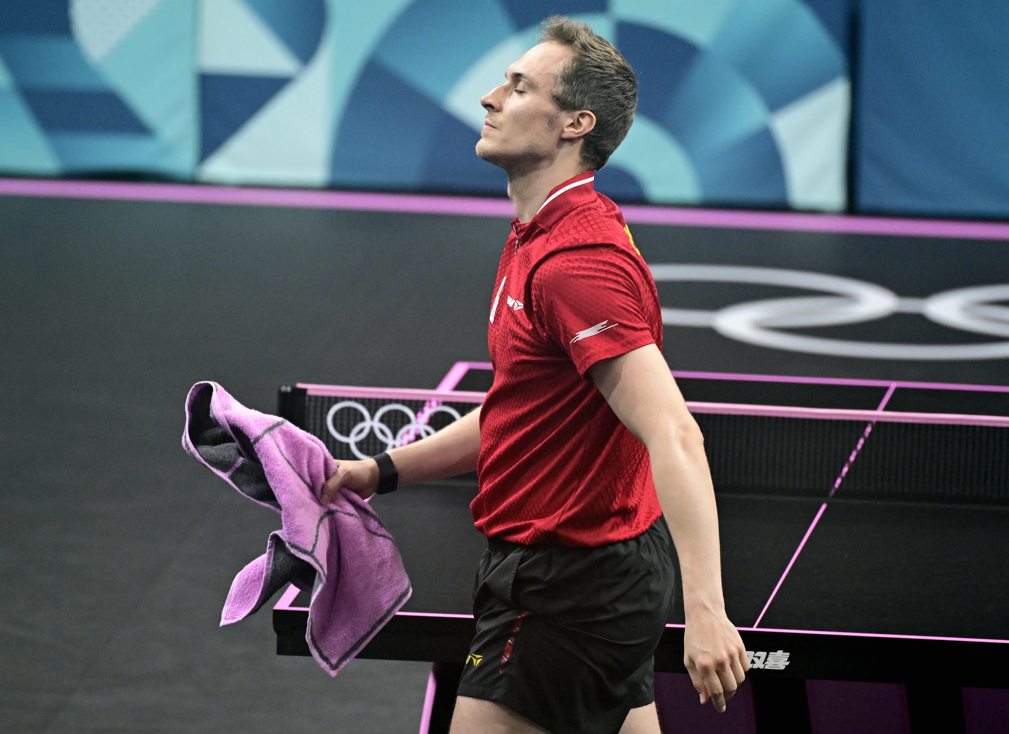 Belgian Cedric Nuytinck looks dejected at a table tennis game against Swedish Moregardh, in the round of 64 of the men's singles competition at the Paris 2024 Olympic Games, on Saturday 27 July 2024 in Paris, France. The Games of the XXXIII Olympiad are taking place in Paris from 26 July to 11 August. The Belgian delegation counts 165 athletes in 21 sports. BELGA PHOTO LAURIE DIEFFEMBACQ