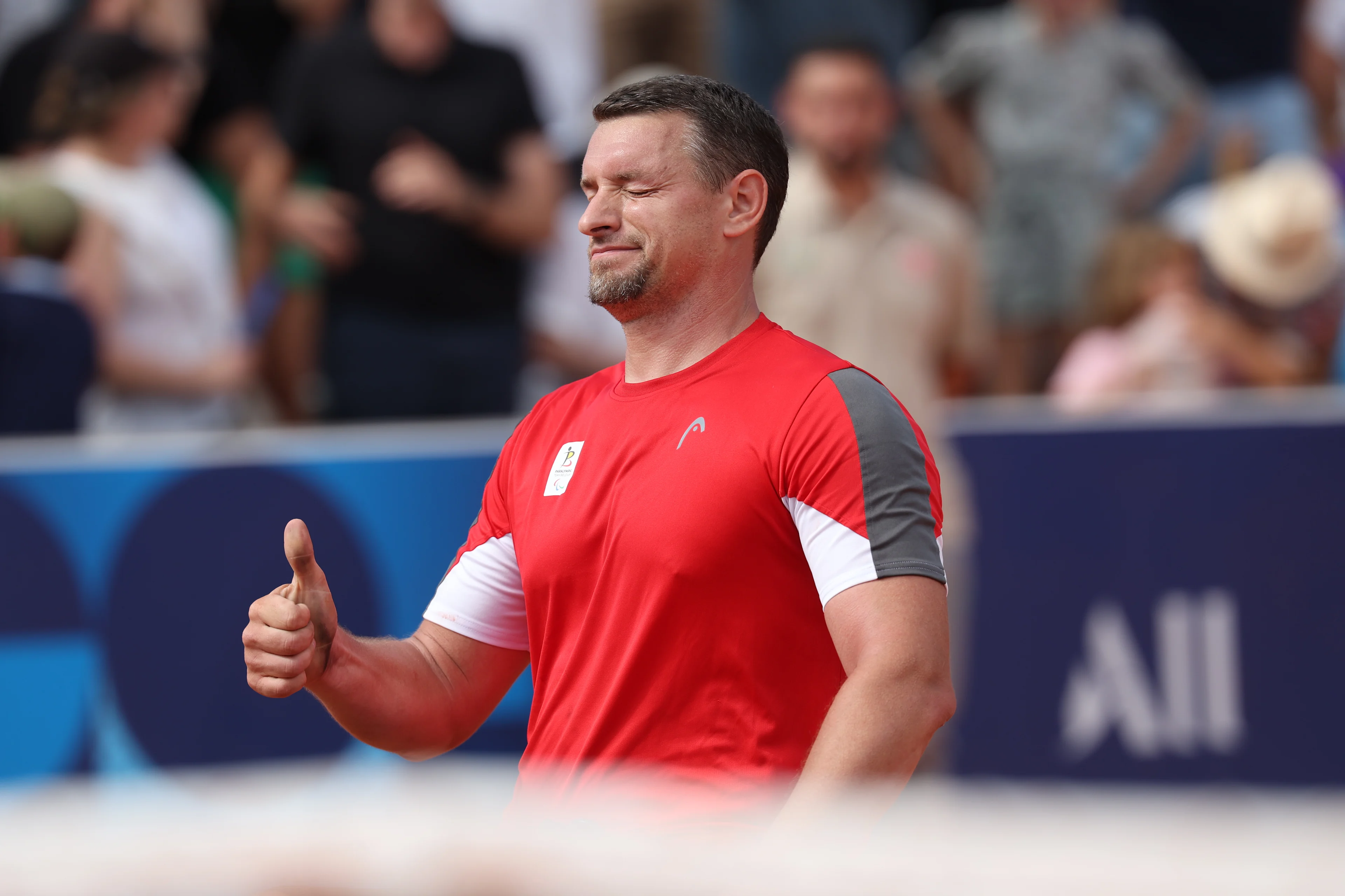 Belgian Joachim Gerard reacts after losing a game between Belgian Gerard and French Menguy, in the Men's Singles, 2nd round of the wheelchair tennis competition, on day 5 of the 2024 Summer Paralympic Games in Paris, France on Sunday 01 September 2024. The 17th Paralympics are taking place from 28 August to 8 September 2024 in Paris. BELGA PHOTO VIRGINIE LEFOUR