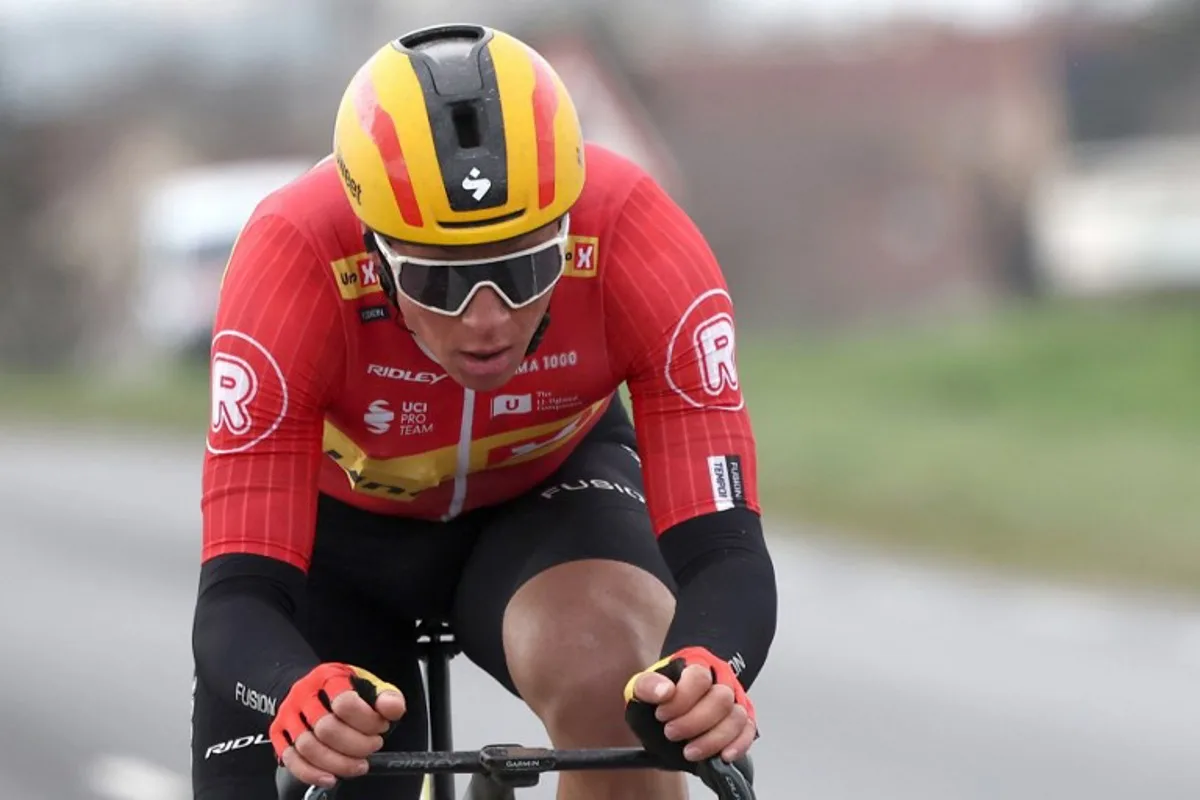 Uno-X Mobility's Norwegian rider Jonas Abrahamsen cycles in a breakaway during the 2nd stage of the Paris-Nice cycling race, 183,9 km between Montesson and Bellegarde, on March 10, 2025. Anne-Christine POUJOULAT / AFP