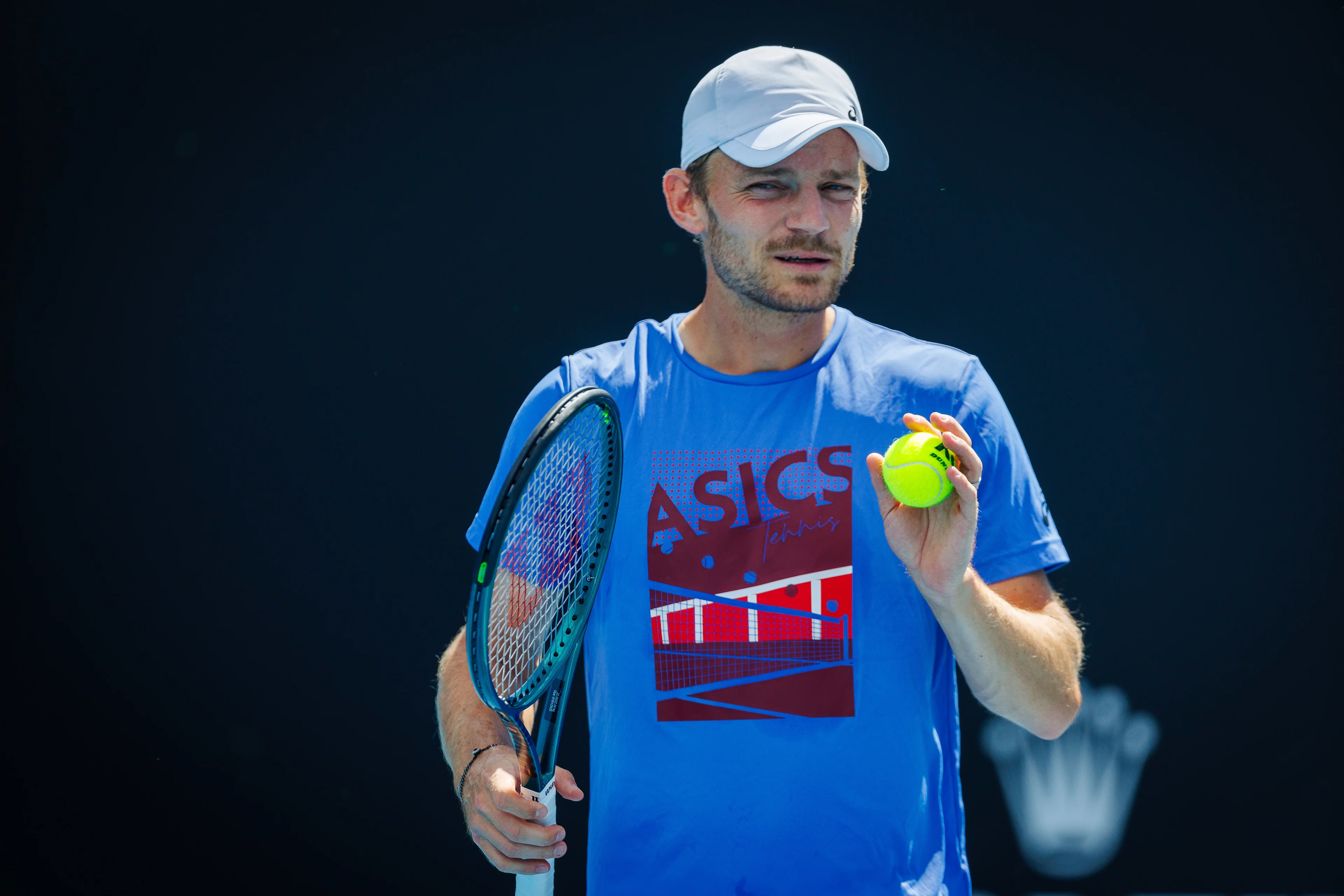 Belgian David Goffin (ATP 53) pictured in action during a training session before the 'Australian Open' Grand Slam tennis tournament, Friday 10 January 2025 in Melbourne Park, Melbourne, Australia. The 2024 edition of the Australian Grand Slam takes place from January 14th to January 28th. BELGA PHOTO PATRICK HAMILTON