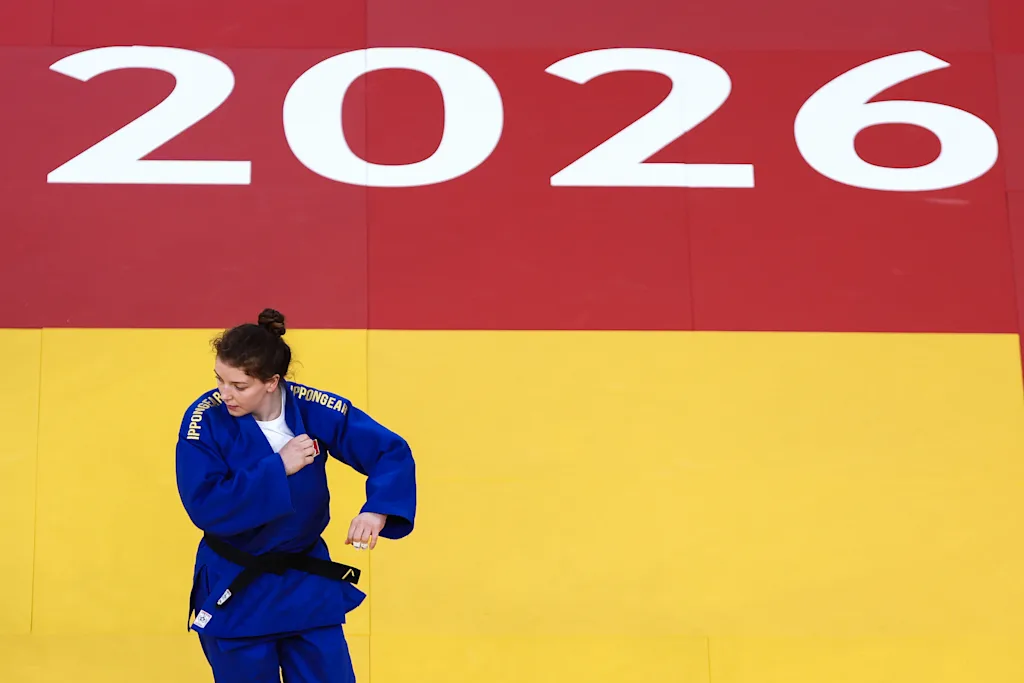 Belgian Vicky Verschaere (blue gi) competes against German Niemeyer (not pictured) in the first round of the women -78kg category, at the European Championships judo in Tbilisi, Georgia, on Sunday 19 April 2026. BELGA PHOTO NIKOLA KRISTC