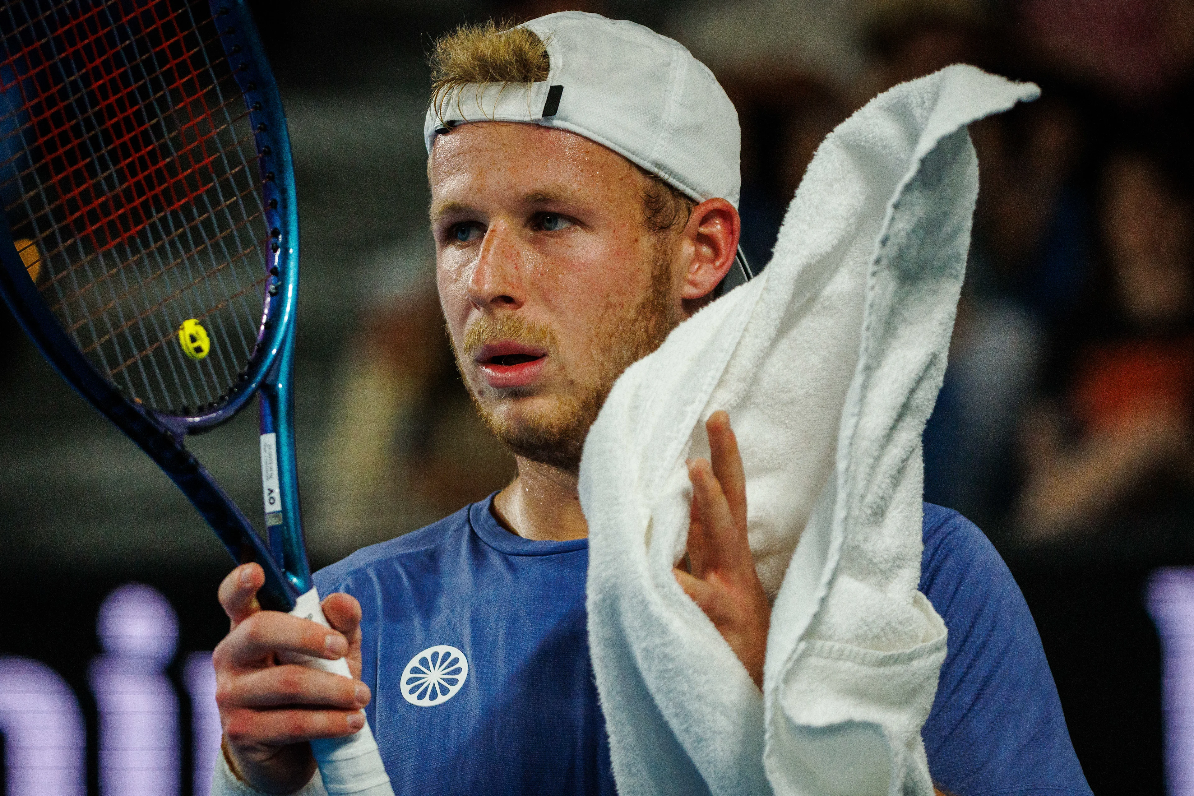 Belgian Gauthier Onclin pictured in action during a men's singles first round game between Belgian Onclin and American Opelka, at the 'Australian Open' Grand Slam tennis tournament, Sunday 12 January 2025 in Melbourne Park, Melbourne, Australia. The 2025 edition of the Australian Grand Slam takes place from January 12th to January 26th. BELGA PHOTO PATRICK HAMILTON