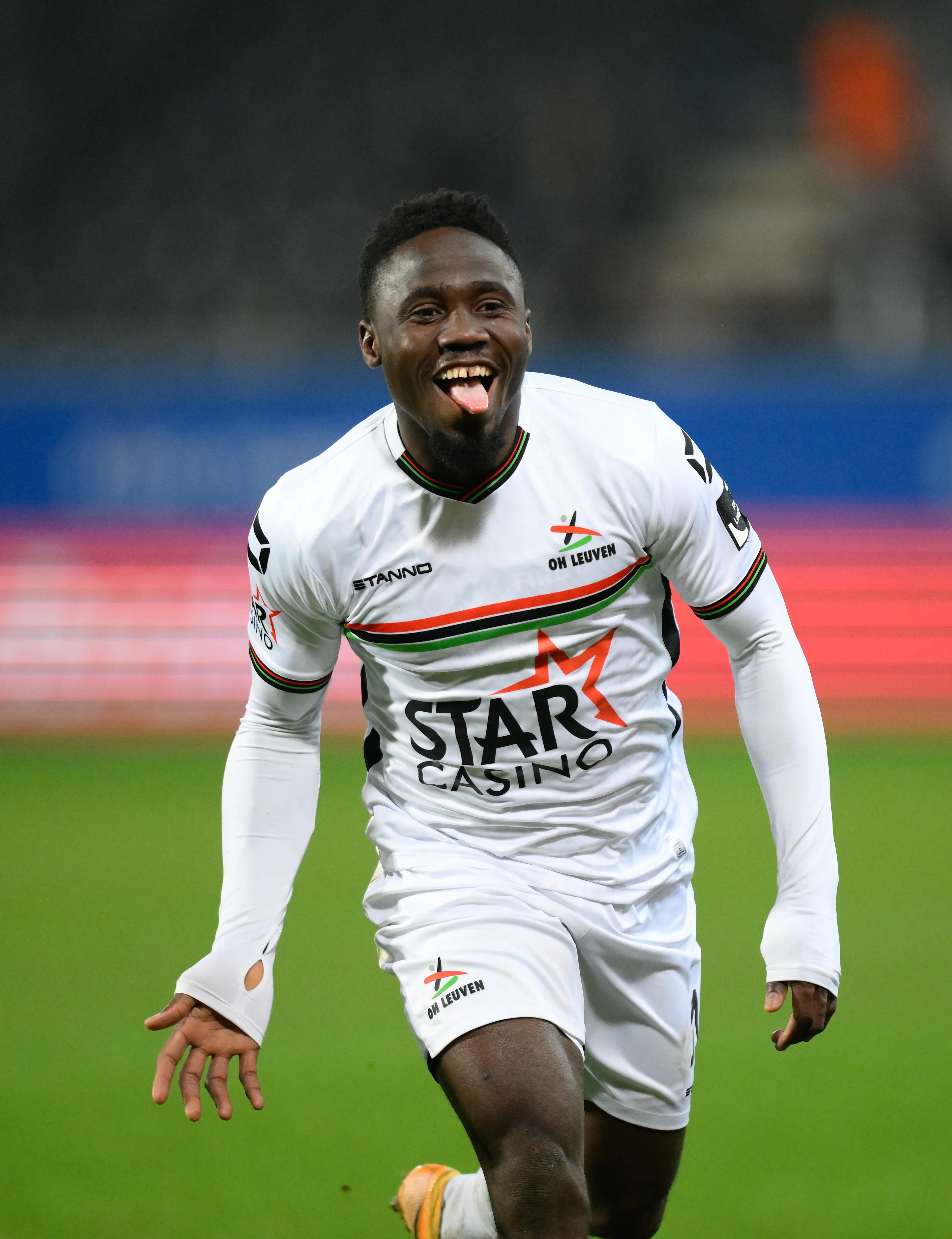 OHL's Ignace Konan N'Dri celebrates after scoring during a soccer game between Oud-Heverlee Leuven and SV Zulte Waregem (1B), Wednesday 04 December 2024 in Leuven, in the 1/8 finals of the 'Croky Cup' Belgian soccer cup. BELGA PHOTO JOHN THYS