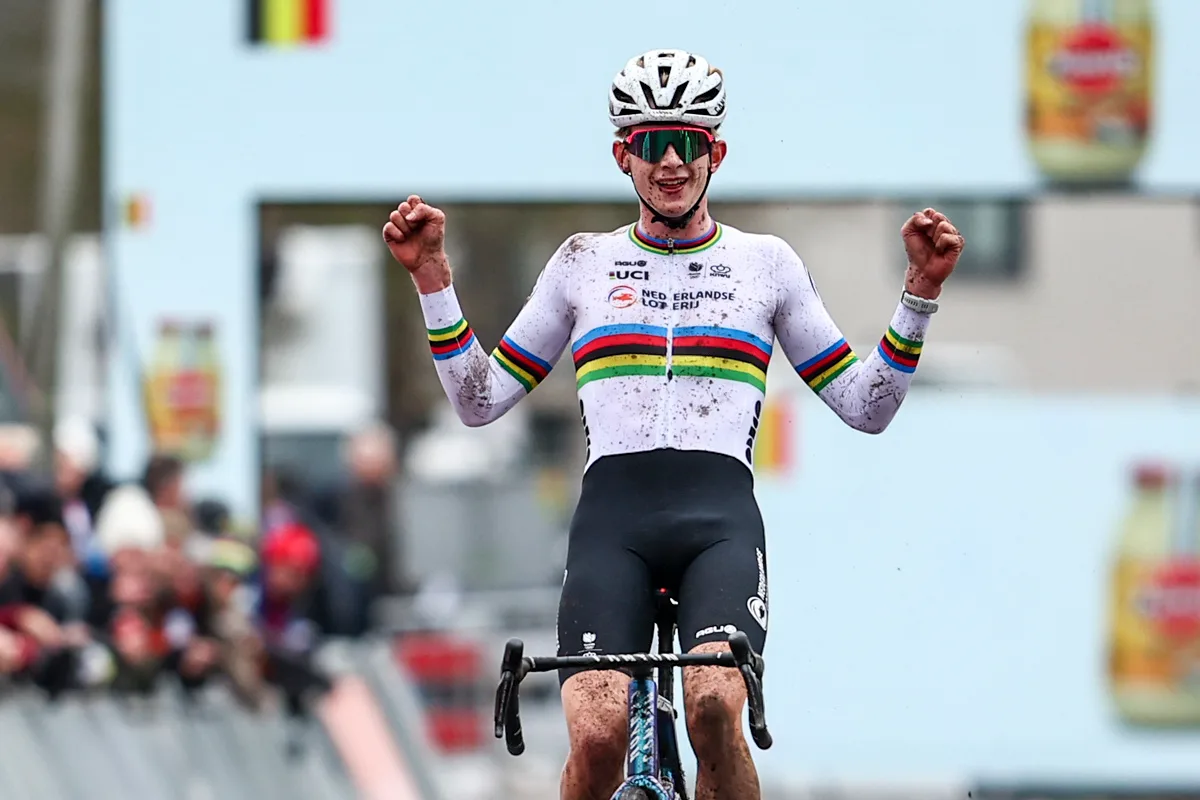 Dutch Tibor Del Grosso celebrates as he crosses the finish line to win the men's U23 race at the World Cup cyclocross cycling event in Hulst, The netherlands, stage 5 (out of 12) of the UCI World Cup cyclocross competition, Saturday 21 December 2024. BELGA PHOTO DAVID PINTENS