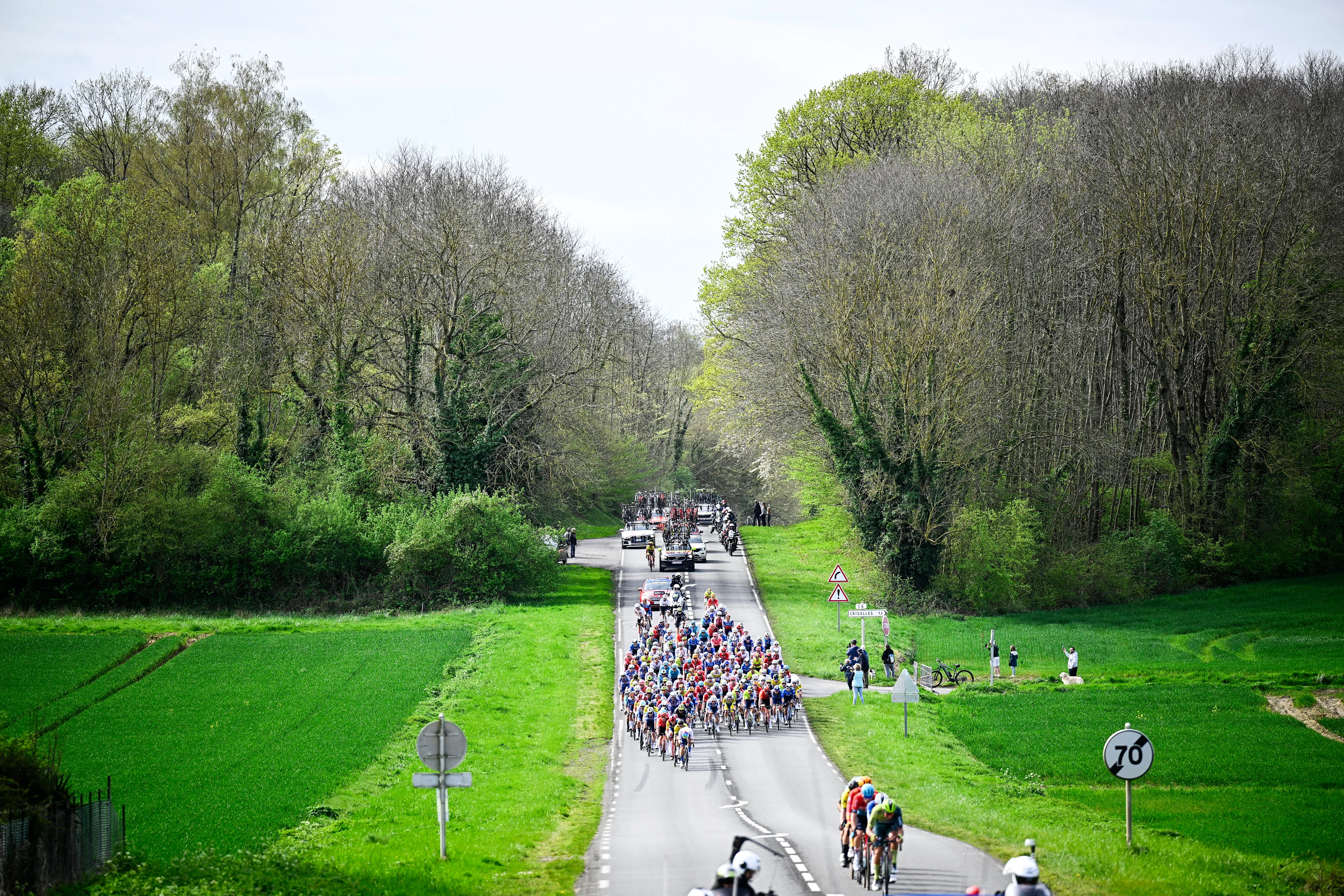 Illustration picture taken of the peloton during the men's elite race of the 'Paris-Roubaix' cycling event, 260,0km from Compiegne to Roubaix, France on Sunday 7 April 2024. BELGA PHOTO JASPER JACOBS