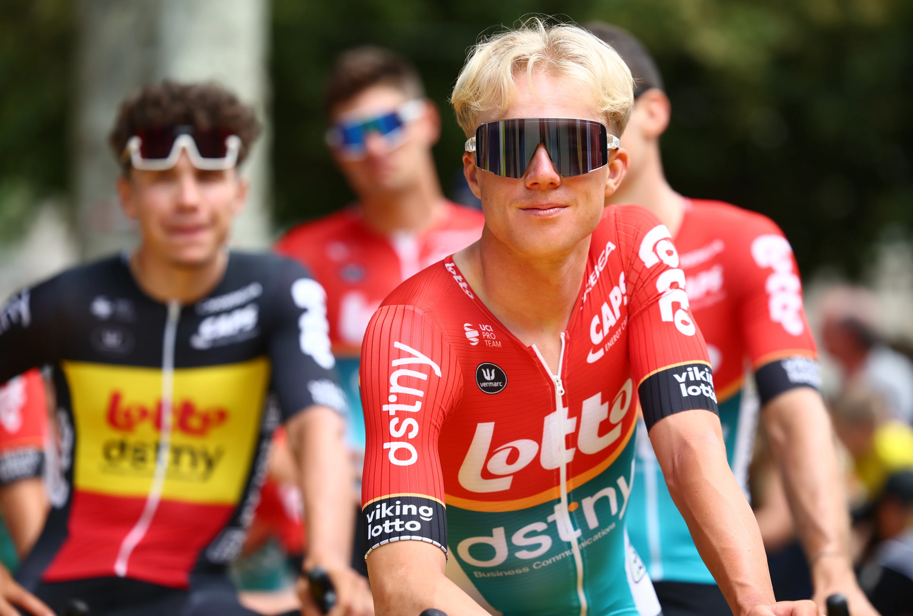 Belgian Maxim Van Gils of Lotto Dstny pictured at the start of stage 13 of the 2024 Tour de France cycling race, from Agen to Pau, France (165,3 km) on Friday 12 July 2024. The 111th edition of the Tour de France starts on Saturday 29 June and will finish in Nice, France on 21 July.  BELGA PHOTO DAVID PINTENS