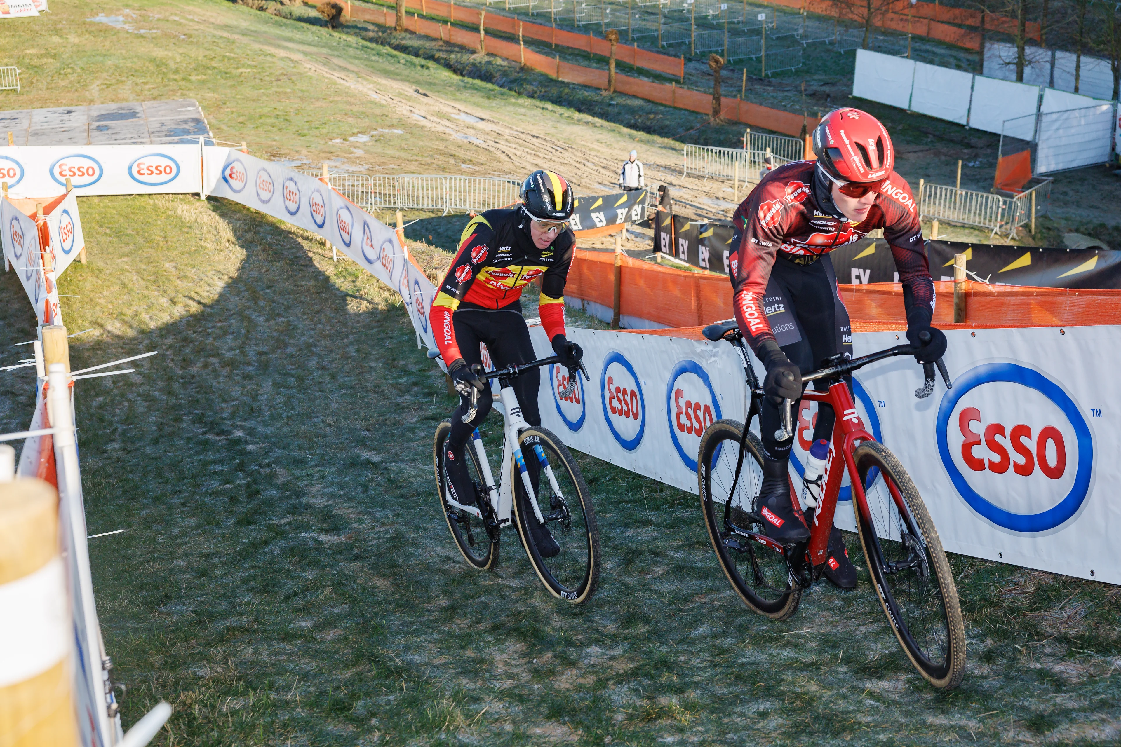 Belgian Michael Vanthourenhout and Belgian Kay De Bruyckere pictured in action during a reconnaissance of the track of this weekend's Belgian Championships cyclocross cycling in Meulebeke, on Wednesday 10 January 2024. BELGA PHOTO KURT DESPLENTER