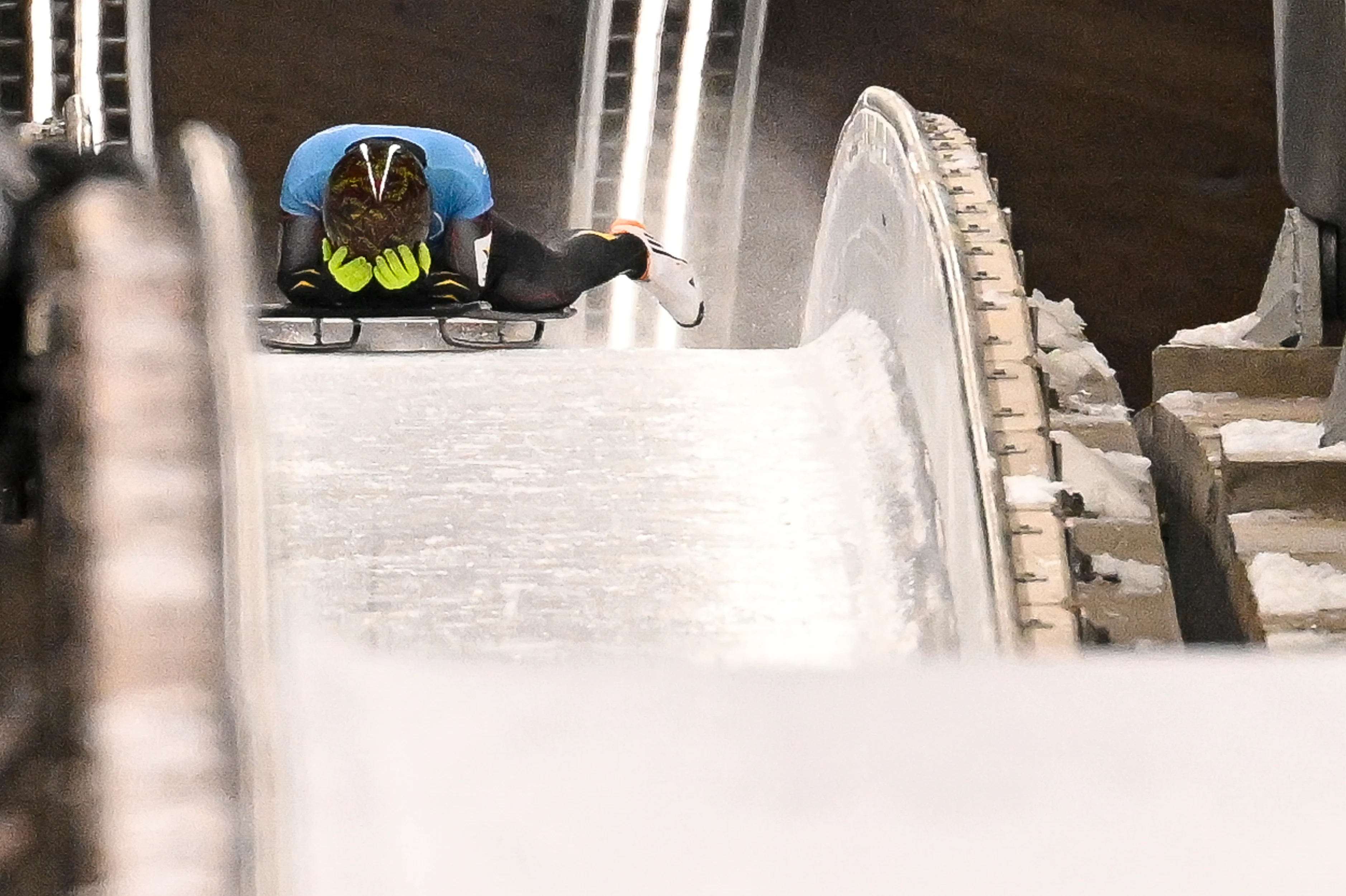 Belgian skeleton athlete Kim Meylemans looks dejected after the fourth and last run of the women's Skeleton event at the Beijing 2022 Winter Olympics in Beijing, China, Saturday 12 February 2022. The winter Olympics are taking place from 4 February to 20 February 2022. BELGA PHOTO LAURIE DIEFFEMBACQ