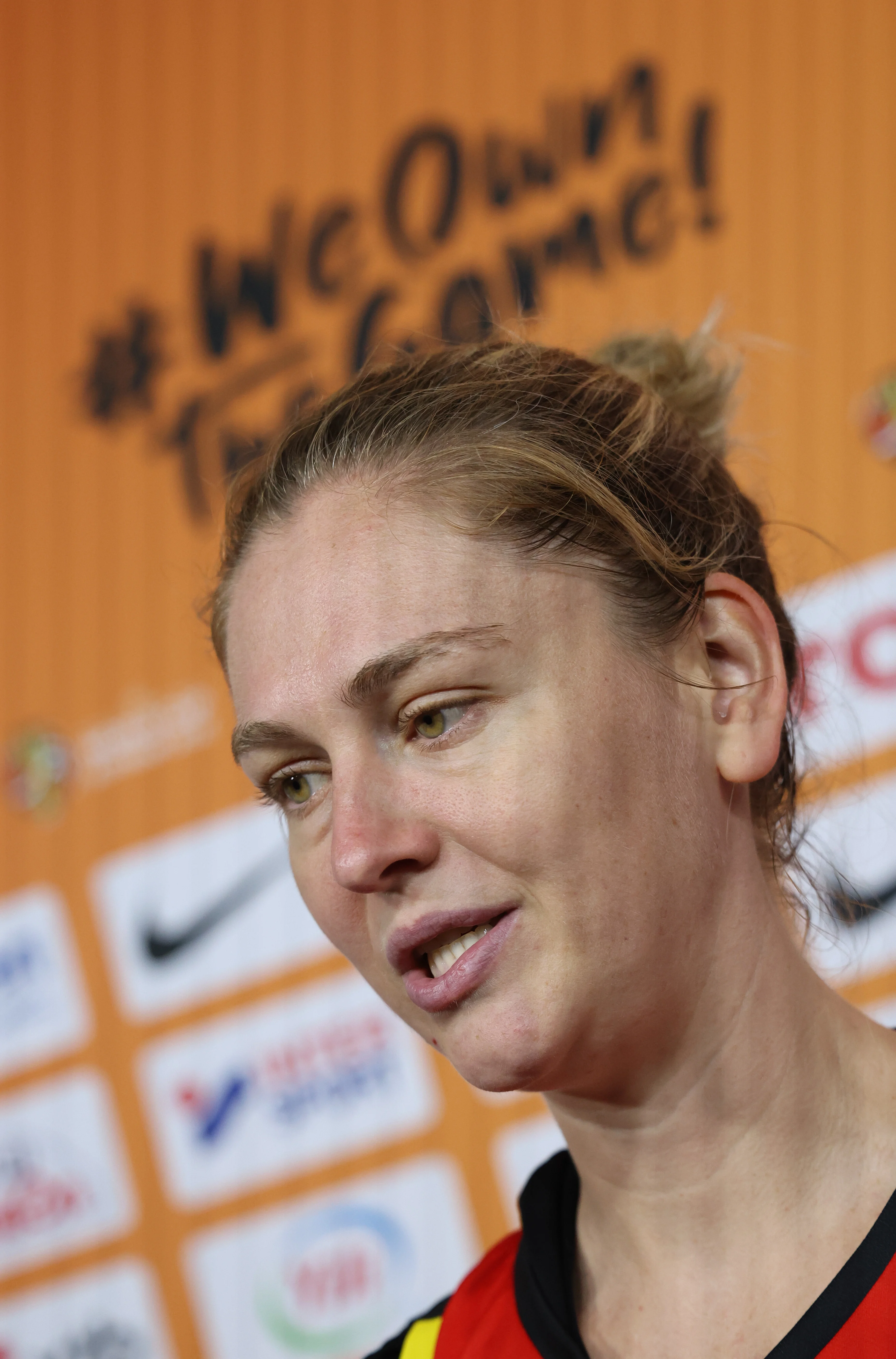 Belgium's Emma Meesseman talks to the press after a training session of Belgian national basketball team Belgian Cats, in Berlin, Germany on Thursday 3 September 2026. The FIBA Women's Basketball World Cup take place in Germany from 4 to 23 September 2026. BELGA PHOTO VIRGINIE LEFOUR