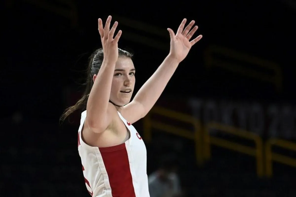 Canada's Bridget Carleton gestures during the women's preliminary round group A basketball match between South Korea and Canada of the Tokyo 2020 Olympic Games at the Saitama Super Arena in Saitama on July 29, 2021.  Aris MESSINIS / AFP