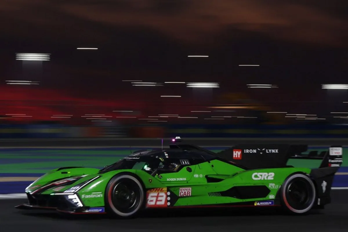 The #63 Lamborghini Iron Lynx's Lamborghini SC63 of Mirko Bortolotti, Edoardo Mortara, and Daniil Kvyat takes part in the final day of racing action in the FIA World Endurance Championship 2024 at Lusail International Circuit on March 2, 2024 in Doha, Qatar. KARIM JAAFAR / AFP