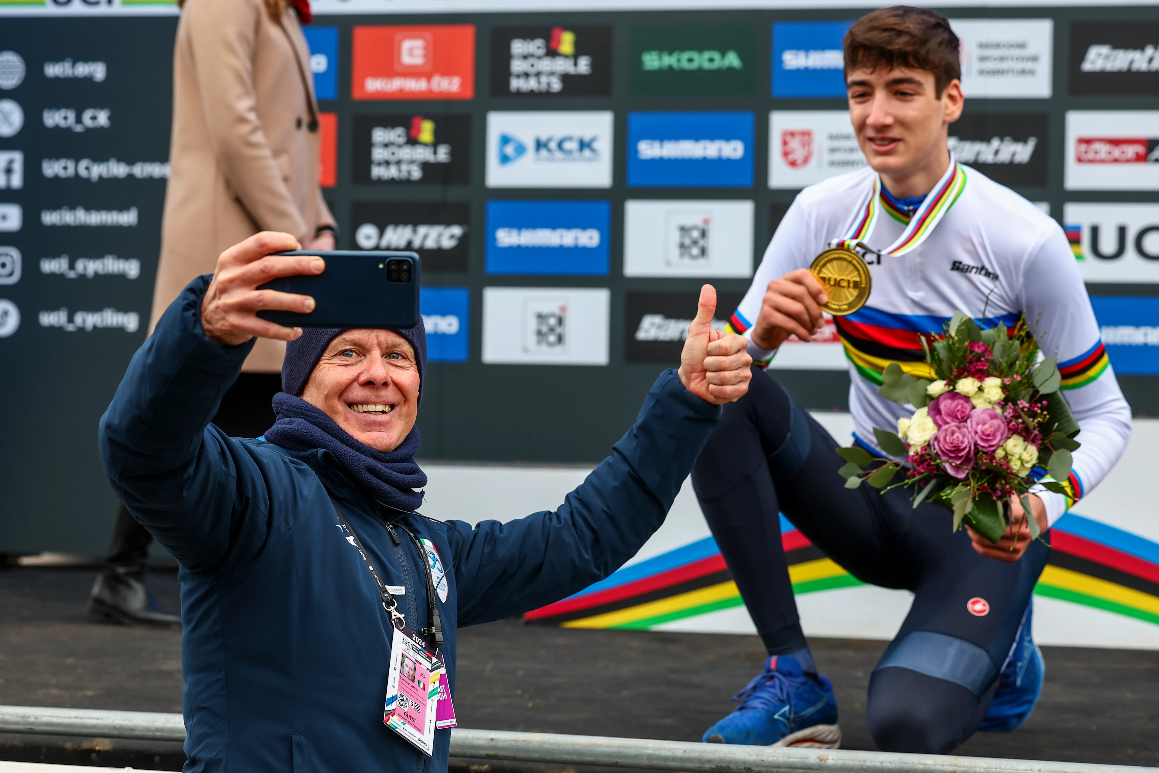 Italian Daniele Pontoni and Italian Stefano viezzi pictured after the men junior's race at the Cyclocross World Championships event on Sunday 04 February 2024 in Tabor, Czech Republic. BELGA PHOTO DAVID PINTENS