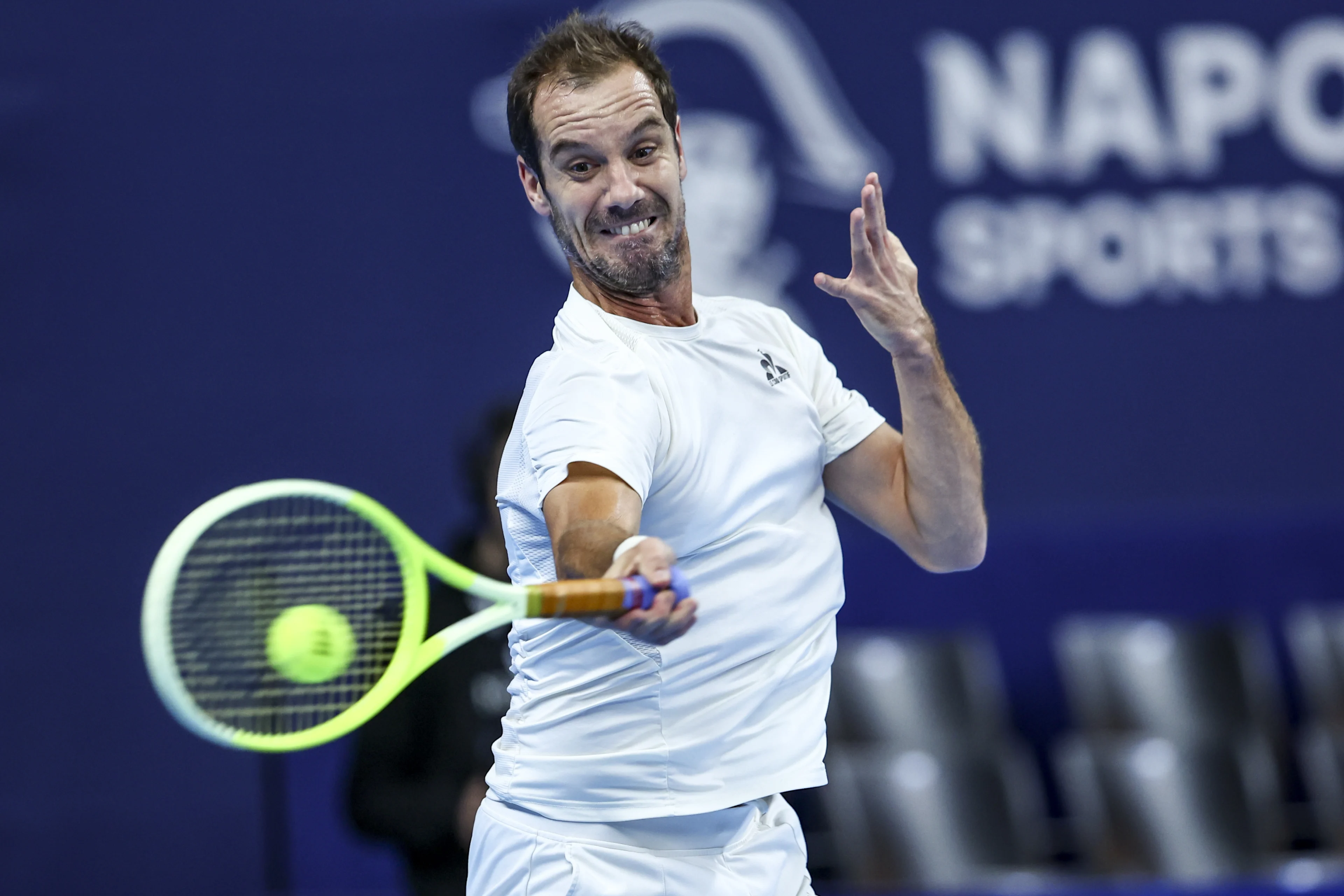 French Richard Gasquet pictured in action during a tennis match in the round of 32 of the singles competition at the ATP European Open Tennis tournament in Antwerp, Monday 14 October 2024. BELGA PHOTO DAVID PINTENS