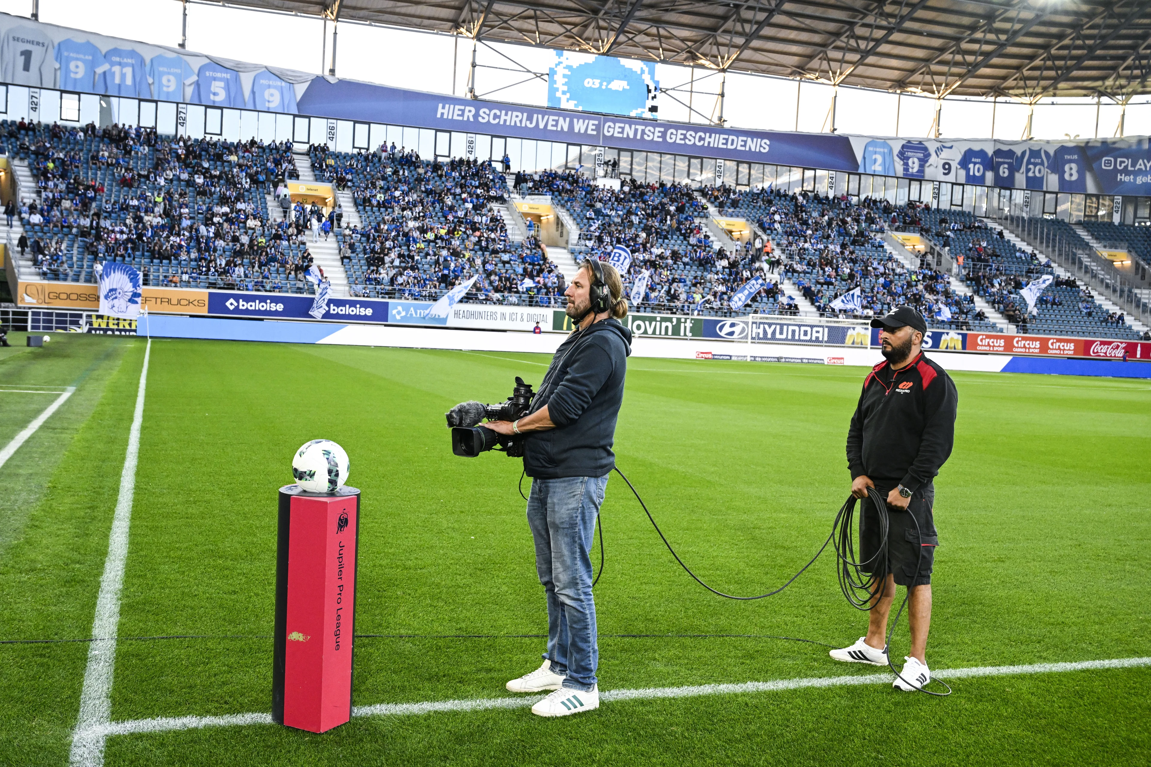 TV crew members pictured before a soccer match between KAA Gent and KAS Eupen, Sunday 24 September 2023 in Gent, on day 08 of the 2023-2024 season of the 'Jupiler Pro League' first division of the Belgian championship. BELGA PHOTO TOM GOYVAERTS