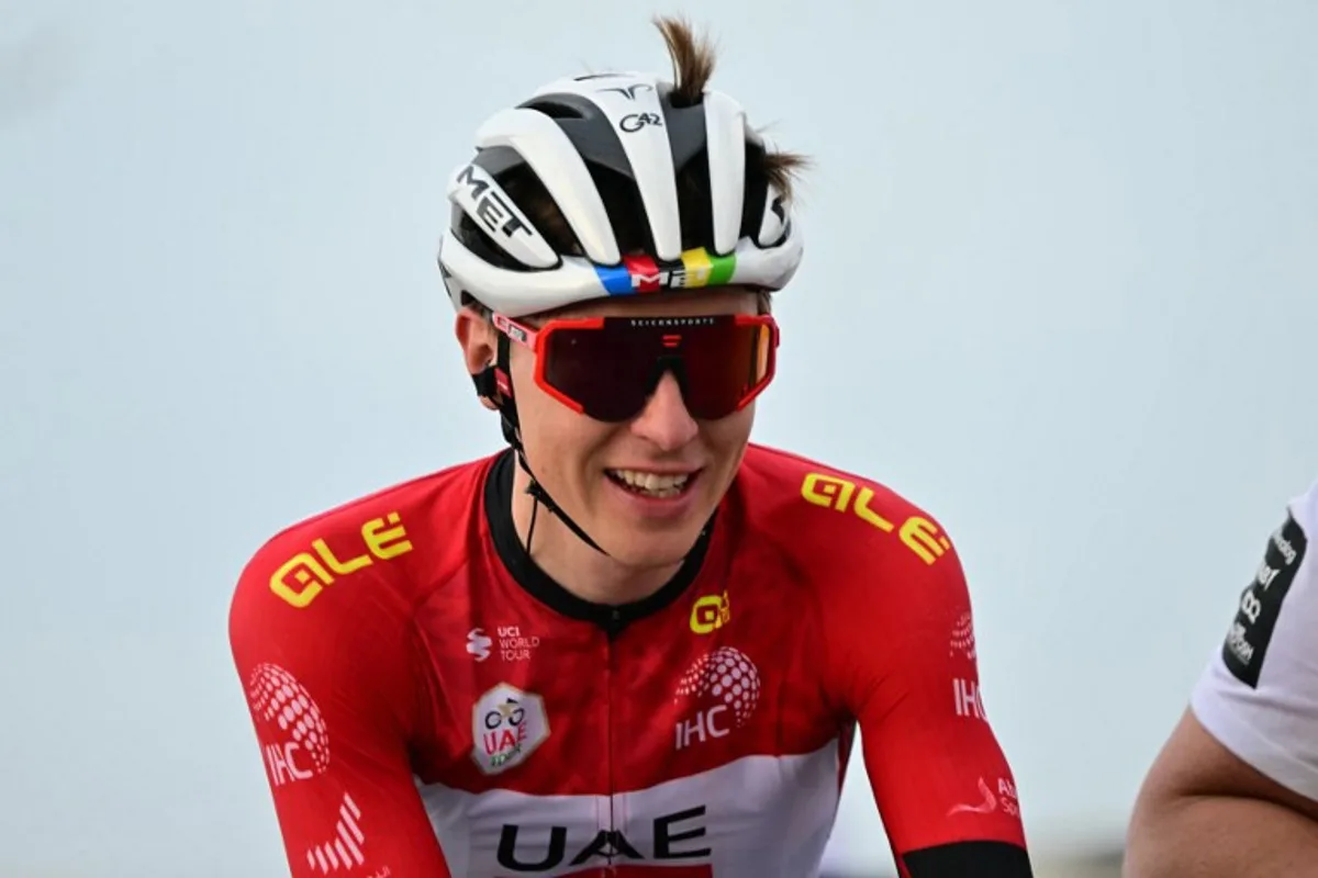 UAE Team Emirates' Slovenian rider Tadej Pogacar competes in the fourth stage of the UAE Tour cycling race from Fujairah Qidfa Beach to Umm Al Quwain in the United Arab Emirates, on February 20, 2025.  Giuseppe CACACE / AFP