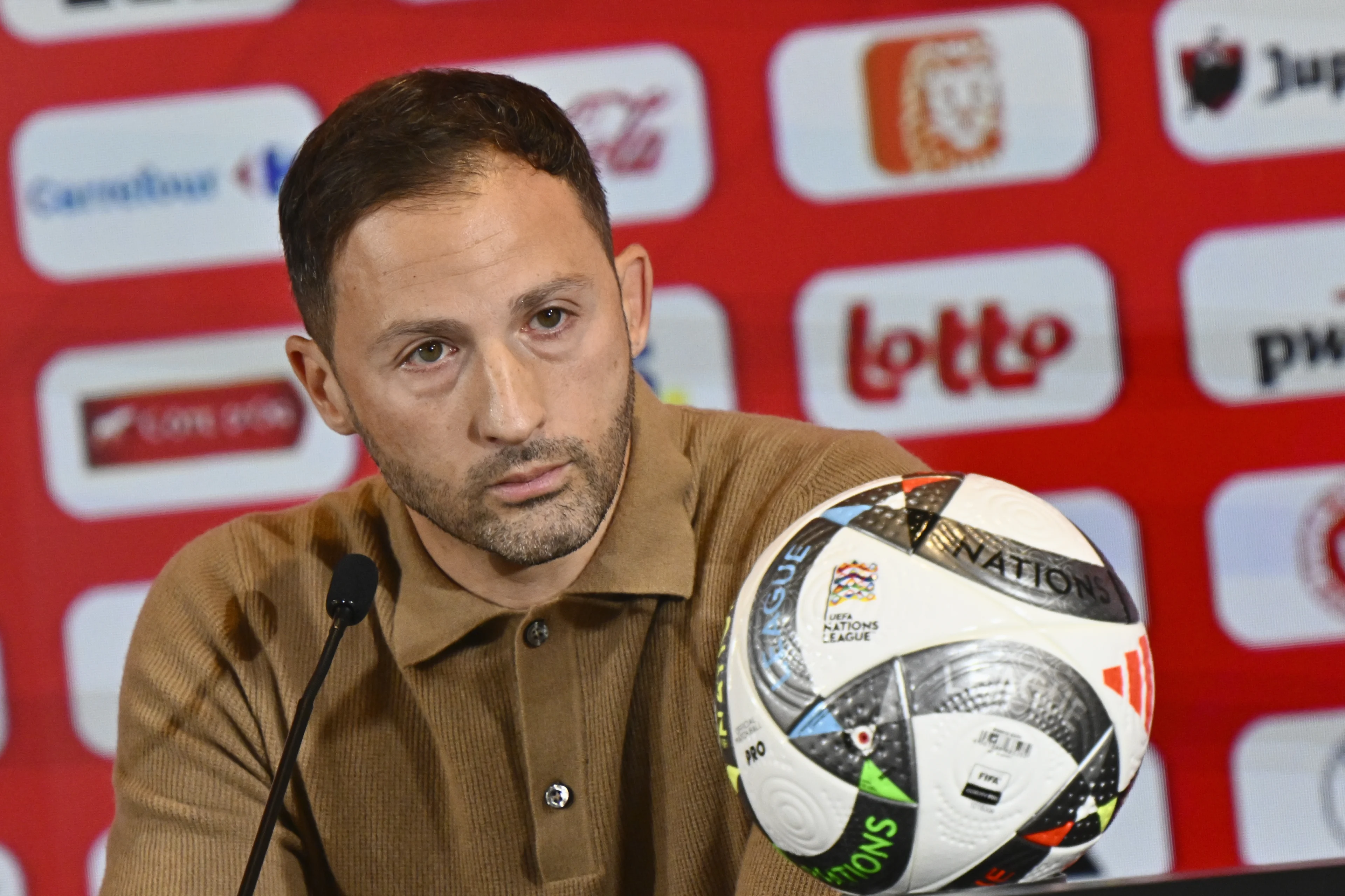 Belgium's head coach Domenico Tedesco pictured during a press conference of Belgian national soccer team Red Devils to announce the selection for the upcoming Nations League games against Italy and France, Friday 04 October 2024 in Tubize. BELGA PHOTO ERIC LALMAND