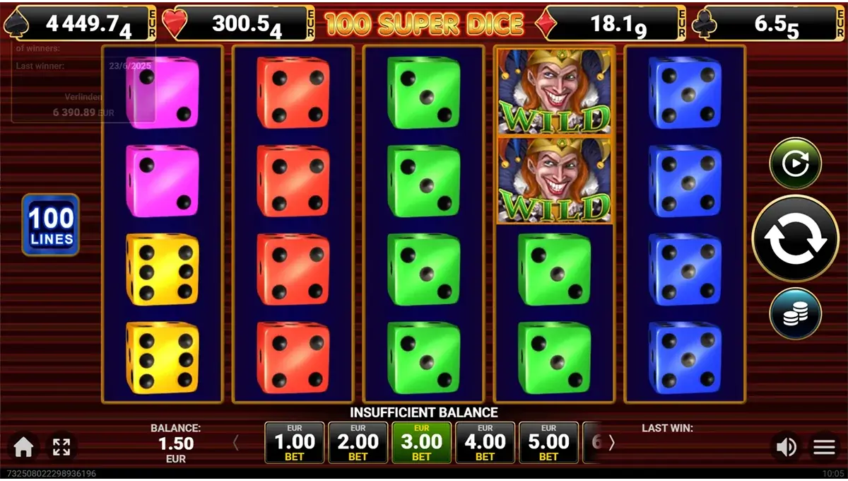 Capture d’écran du jeu 100 Super Dice avec rouleaux de dés, lignes de paiement et symboles bonus visibles