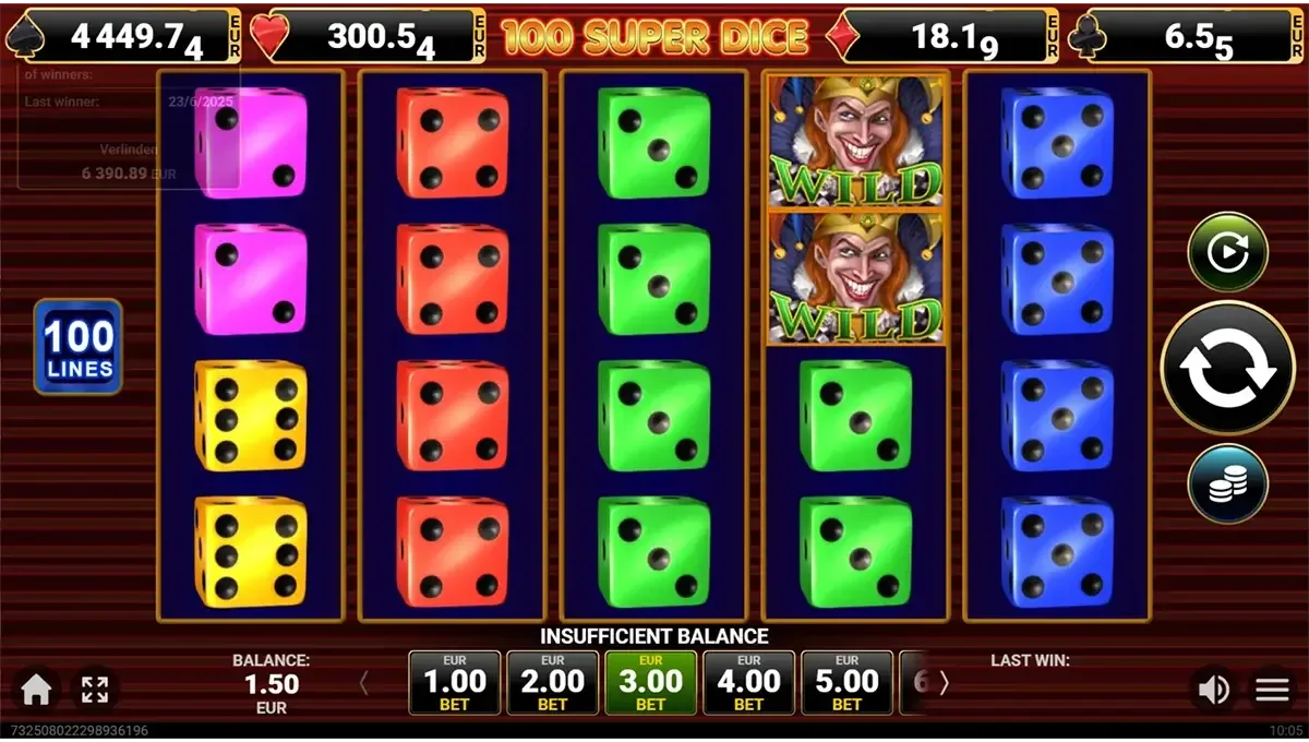 Screenshot of 100 Super Dice game with dice reels, pay lines and visible bonus symbols